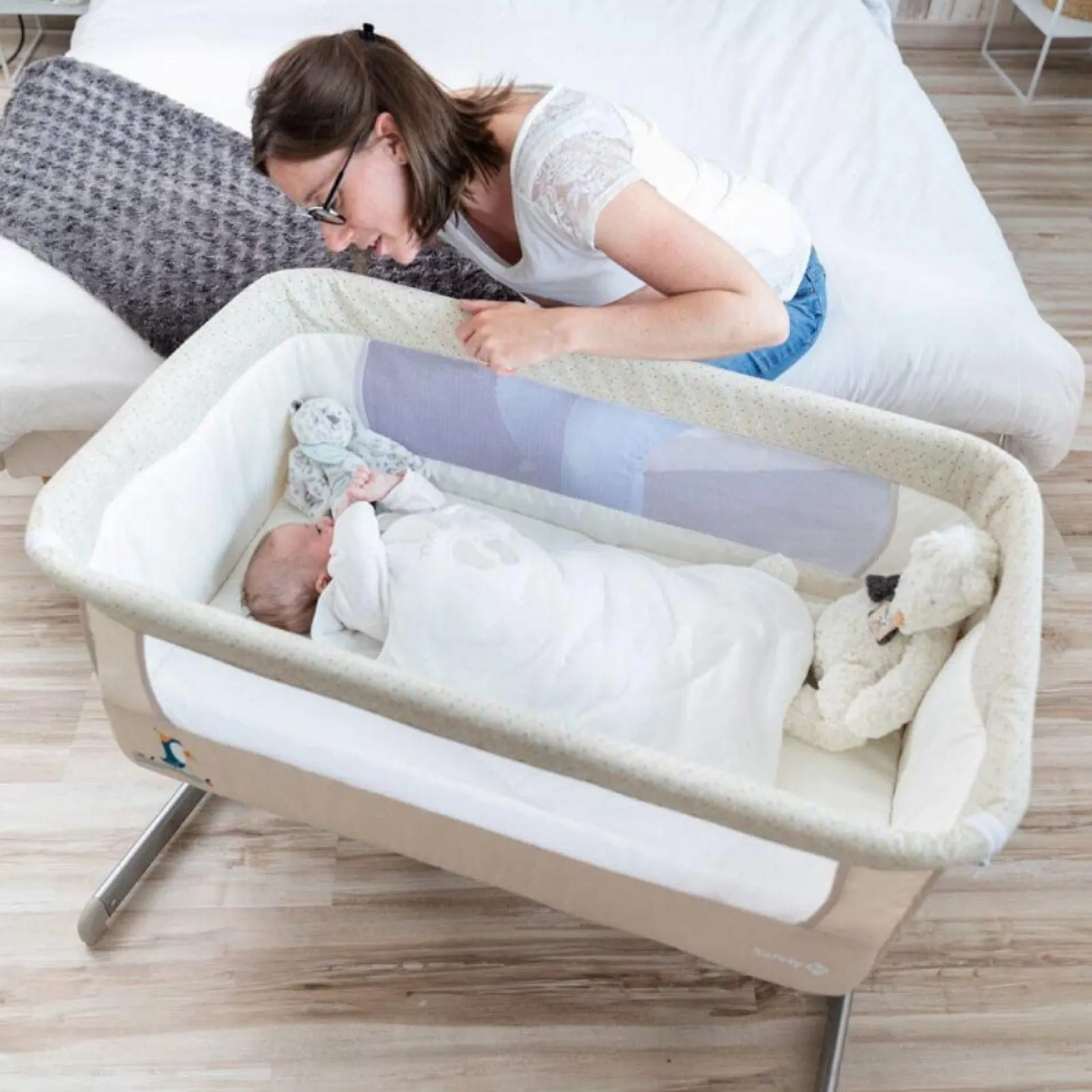 Little Helper Travel Cots & Travel Beds | Travel Cots | Adjustable Height | Easy Folding Next-to-Me Baby Crib with Mattress | Soft Grey