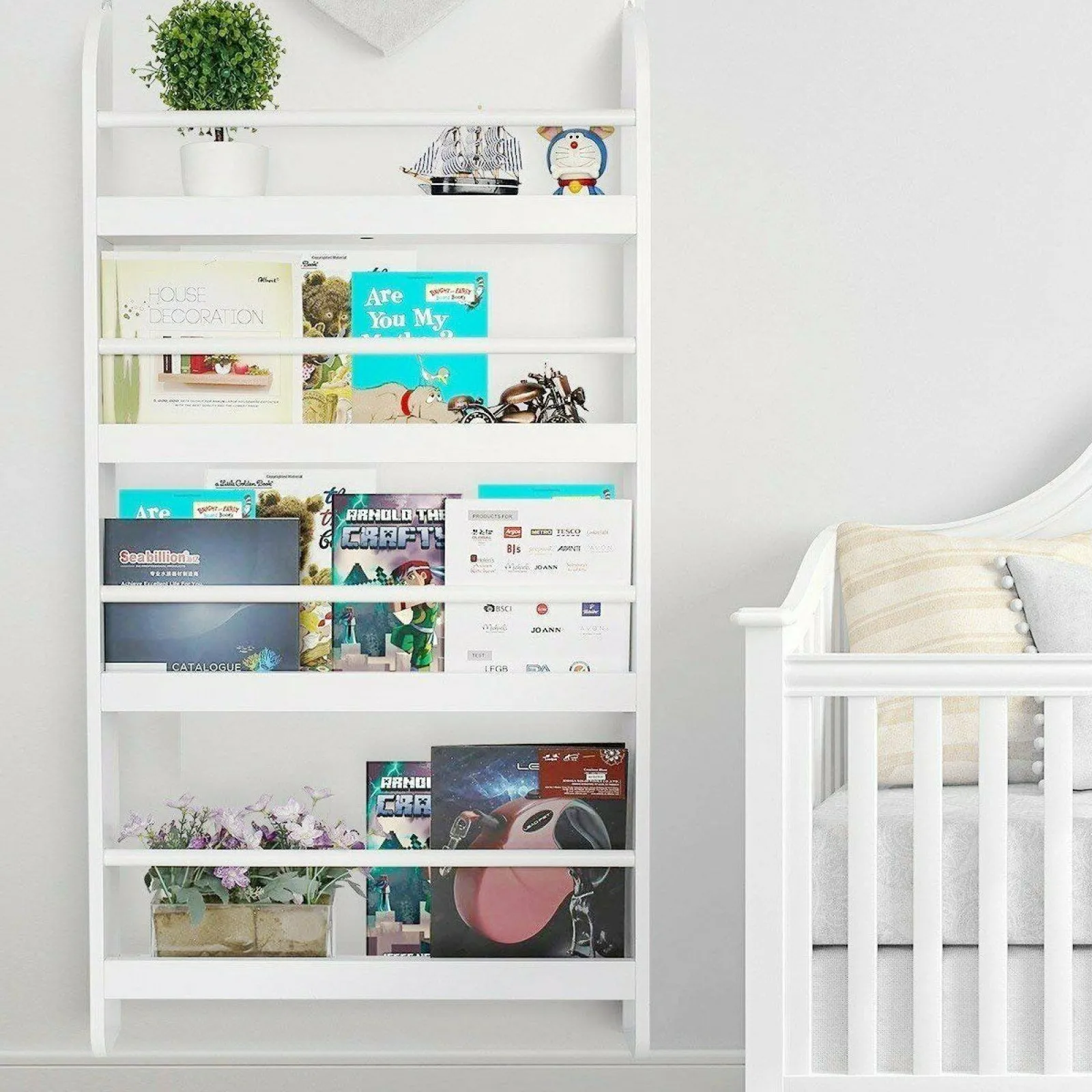 Little Helper Montessori Toys & Products | Bookcases & Kids Bookshelves | Baby & Toddler 4 Tier Wall Mounted Montessori Bookcase | White | 1.13m High
