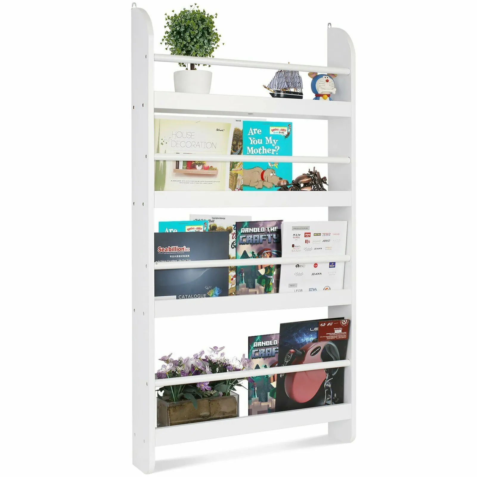 Little Helper Montessori Toys & Products | Bookcases & Kids Bookshelves | Baby & Toddler 4 Tier Wall Mounted Montessori Bookcase | White | 1.13m High
