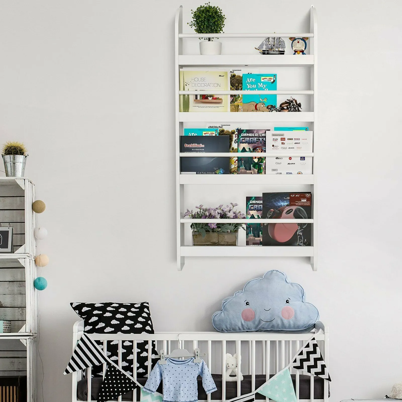 Little Helper Montessori Toys & Products | Bookcases & Kids Bookshelves | Baby & Toddler 4 Tier Wall Mounted Montessori Bookcase | White | 1.13m High