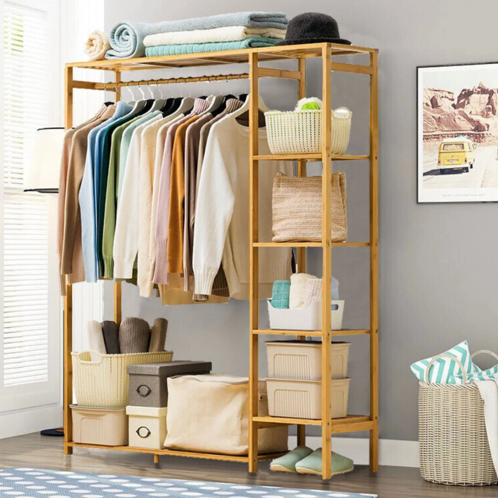 Little Helper Role Play Toys & Pretend Play | Montessori Toys & Products | Bamboo Wood Clothes Rail | Open Clothes Rack with 6 Shelves | Natural