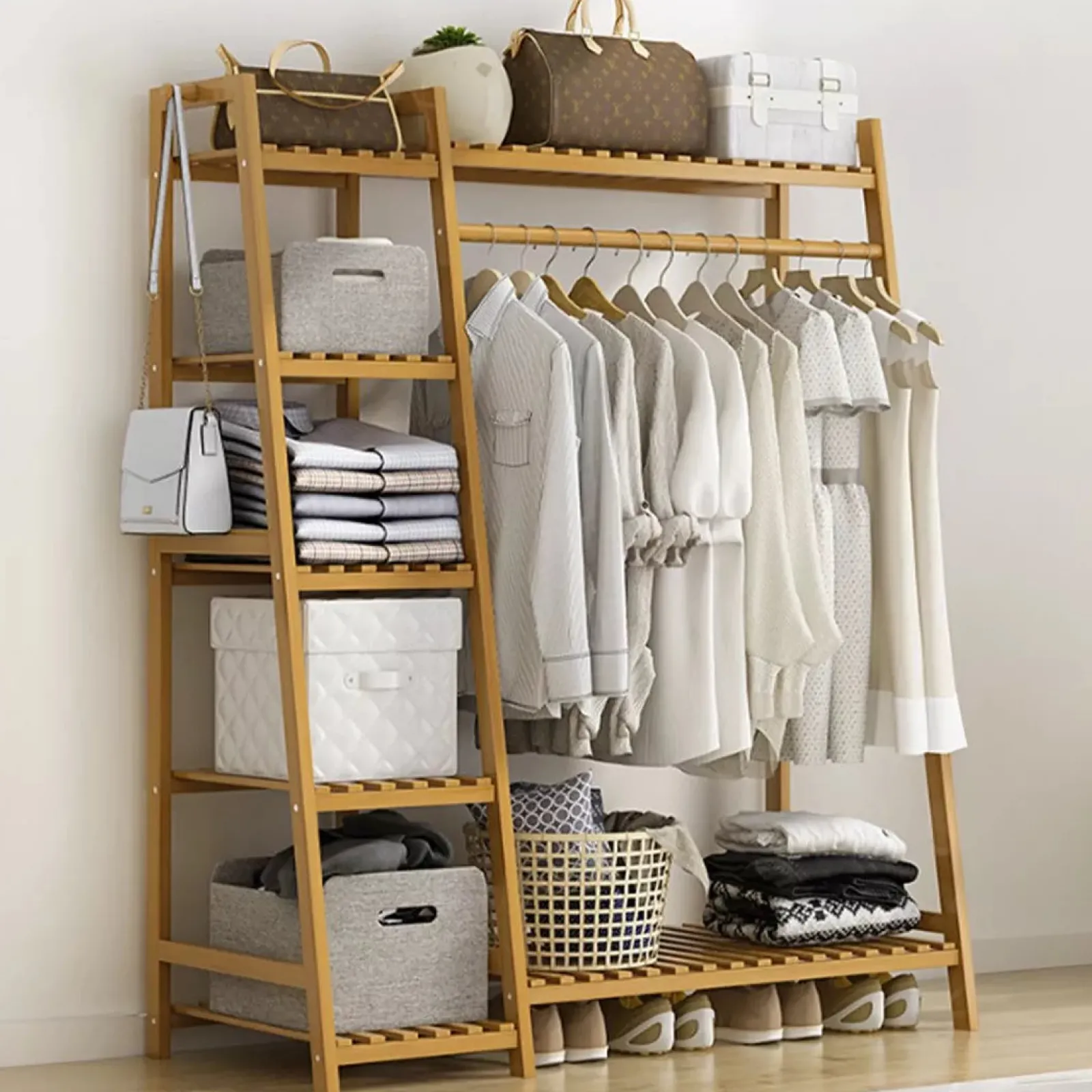Little Helper Role Play Toys & Pretend Play | Montessori Toys & Products | Bamboo Wood Minimalistic Clothes Rail | Freestanding Clothes Rack with 7 Shelves | Natural | 1.4m High