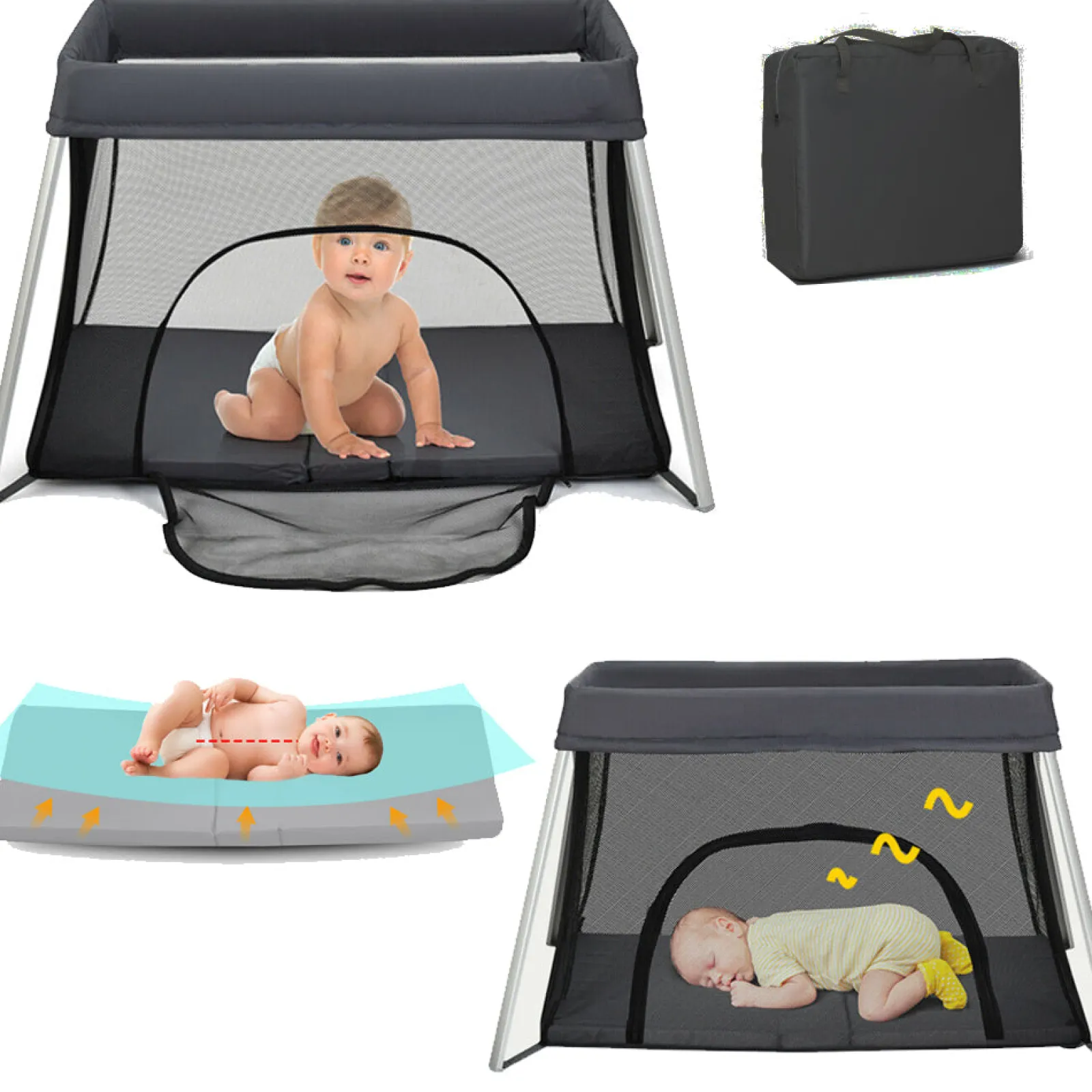 Little Helper Baby Playpens | Travel Cots & Travel Beds | Breathable 2-in-1 Travel Cot Playpen with Spine Supporting Mattress & Carry Bag | Portable Crib | Black