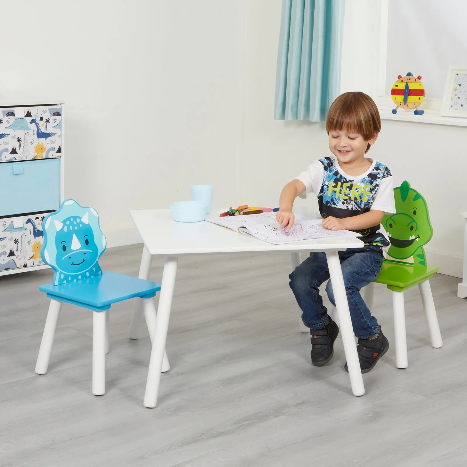 Little Helper Table & Chairs (wooden) | Children's Dinosaur Wood Table and 2 Chairs Set | White, Blue & Green | 2 Years +