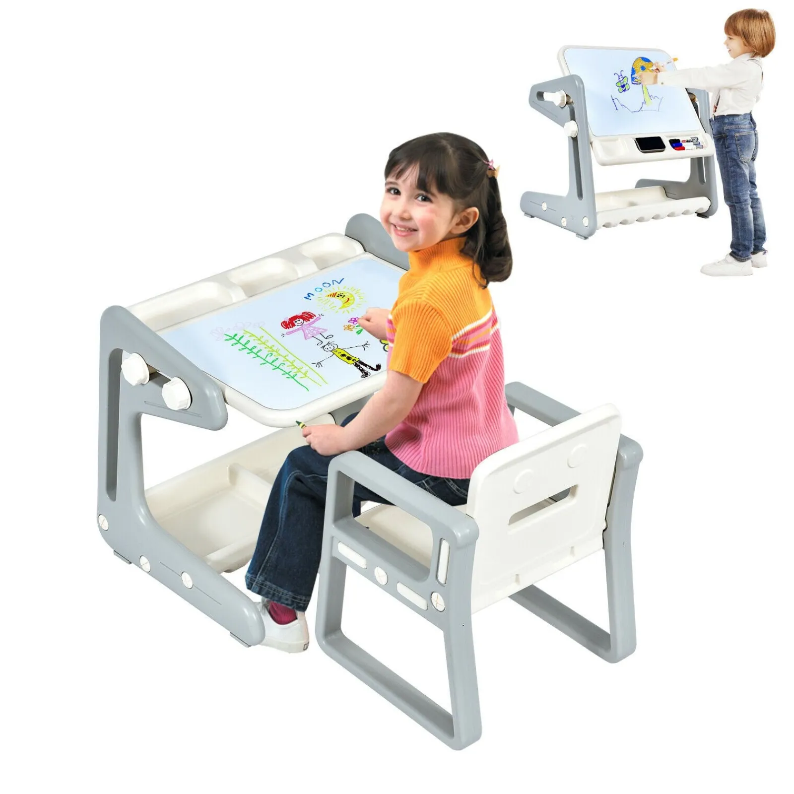 Little Helper Kids Arts & Crafts & Accessories | Easels & Accessories | Children's 4-in-1 Table & Chair | Height Adjustable Easel Whiteboard | Dry Wipe & Magnetic | Storage | 3 Years+