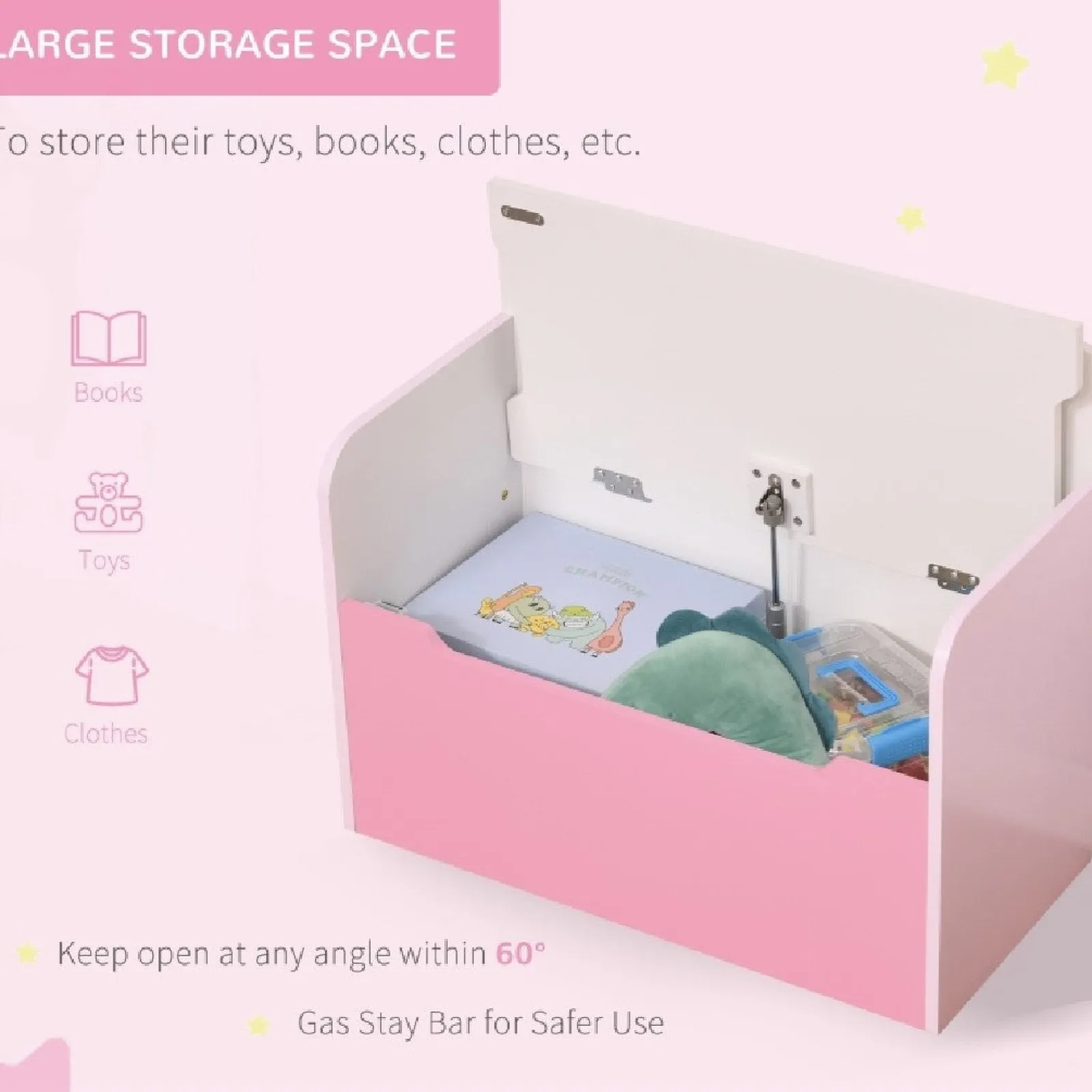 Little Helper Toy Storage Units | Toy Storage Units | Children’s 2-in-1 Toy Box and Seat | Slow Release Safety Hinge | White & Pink | 3 Years+
