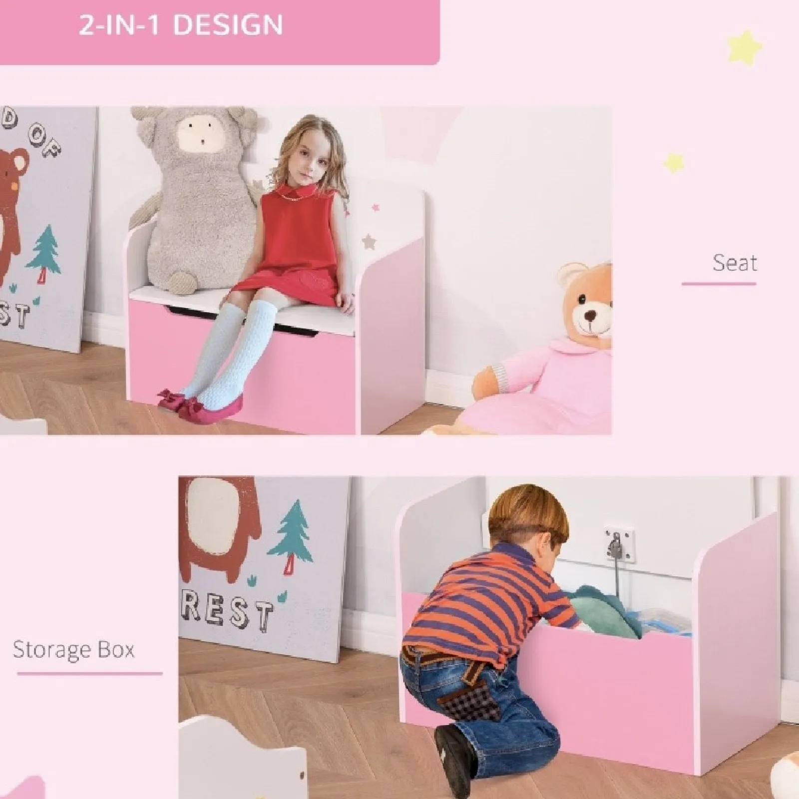Little Helper Toy Storage Units | Toy Storage Units | Children’s 2-in-1 Toy Box and Seat | Slow Release Safety Hinge | White & Pink | 3 Years+