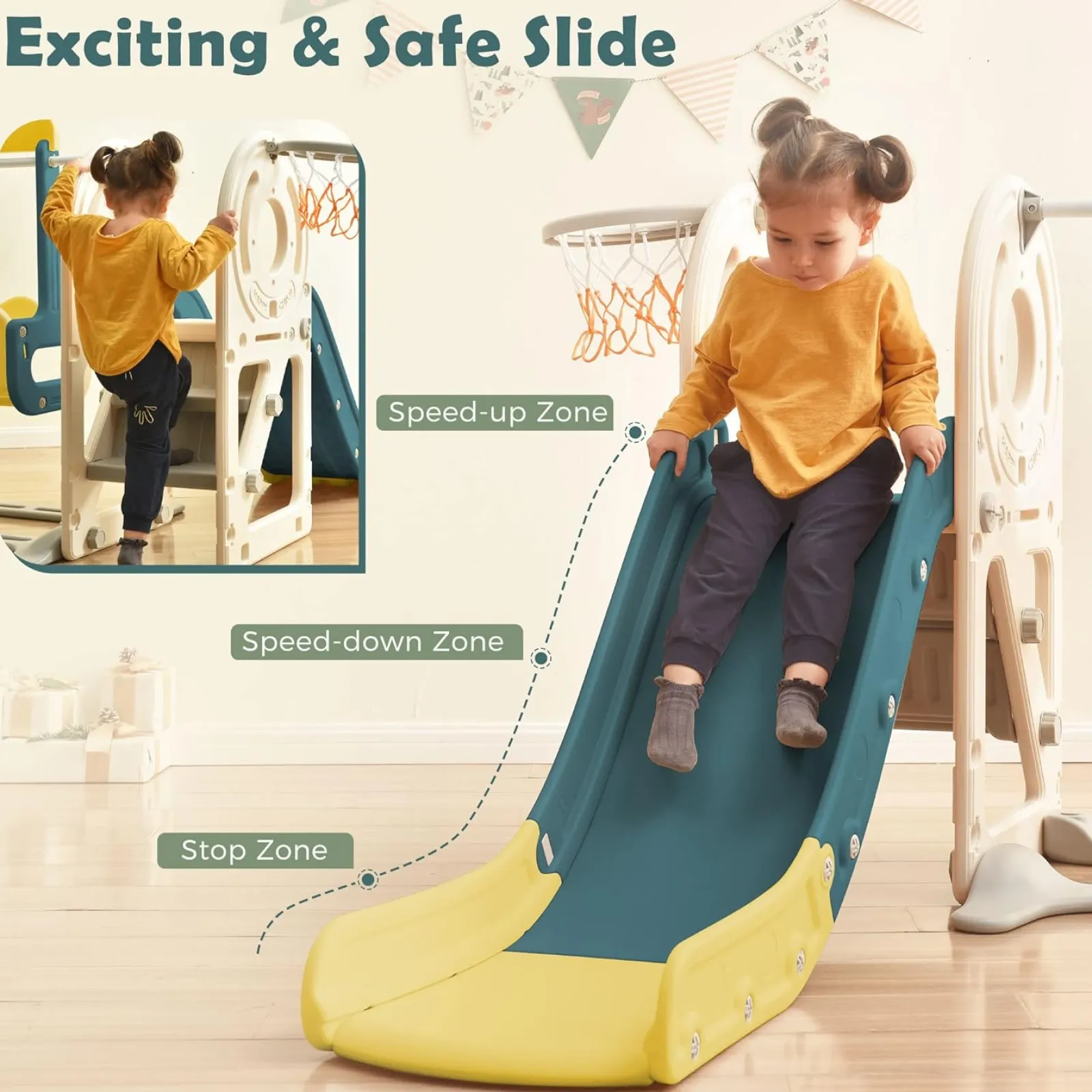 Little Helper Swing & Slide Sets & Garden Play & Trampolines | Montessori Toys & Products | Children's Montessori Play Bus and Slide | Basketball Hoop | Indoor Outdoor | Green or Beige