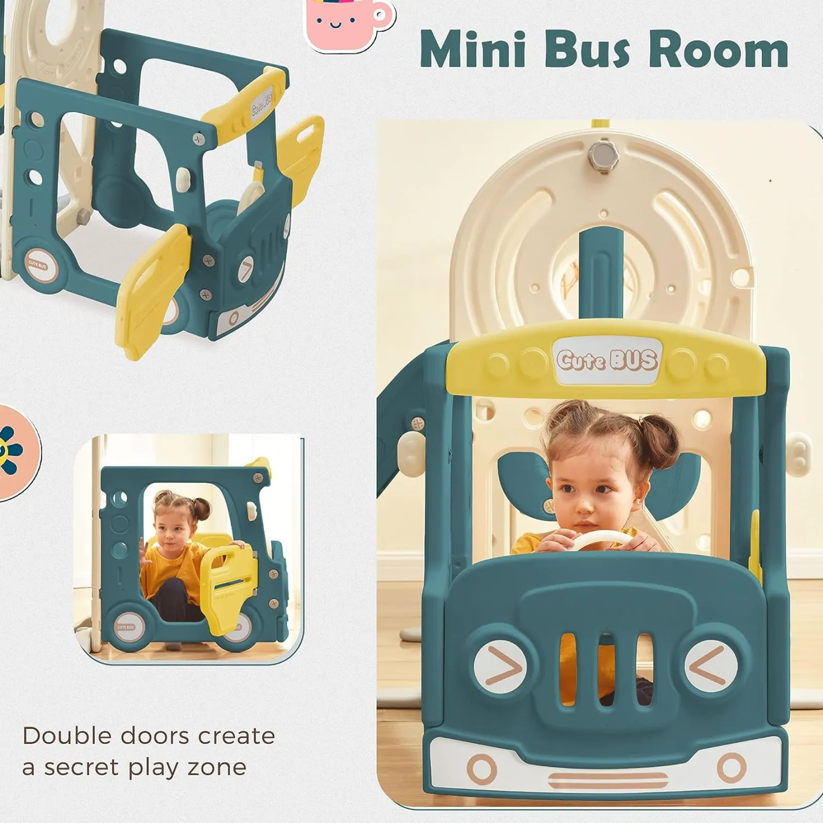 Little Helper Swing & Slide Sets & Garden Play & Trampolines | Montessori Toys & Products | Children's Montessori Play Bus and Slide | Basketball Hoop | Indoor Outdoor | Green or Beige
