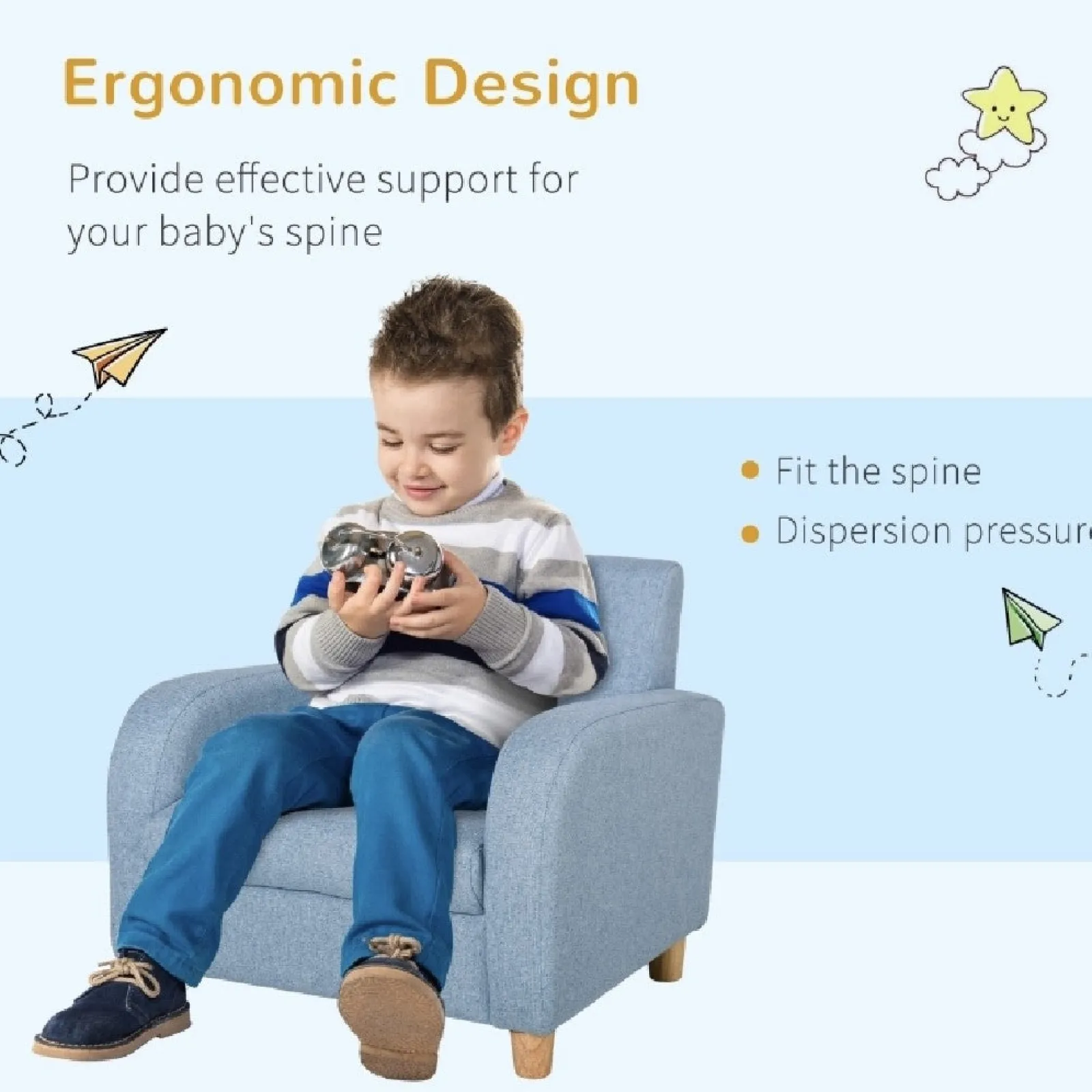 Little Helper Chairs & Stools | Childrens Premium Quality and Deluxe Single Armchair | Linen Look | Blue | 3-8 Years