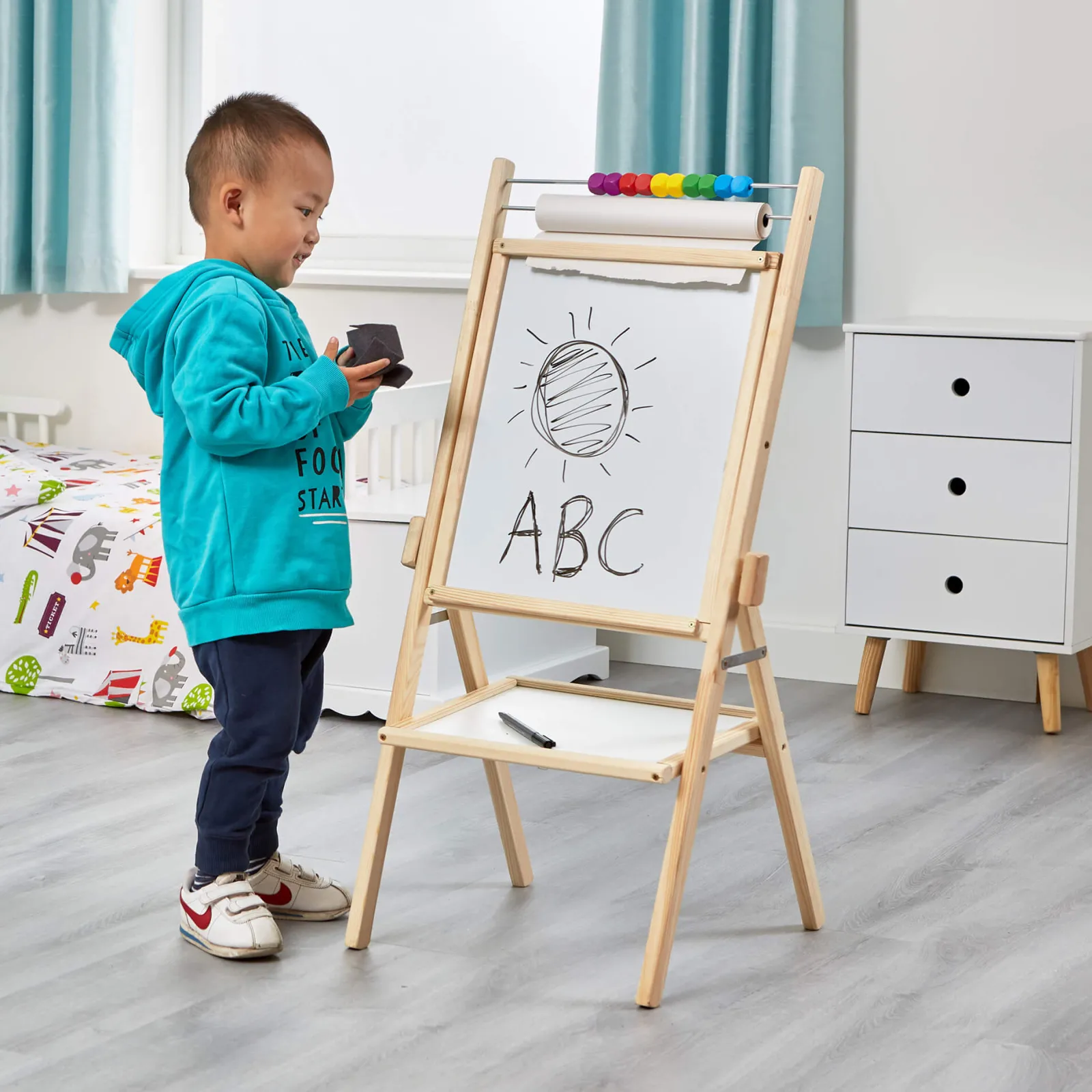 Little Helper Kids Arts & Crafts & Accessories | Easels & Accessories | Childrens Wooden 4-in-1 Double Sided Easel | Paper Roll | Counting Beads | 35pc Accessories | 3 Years+