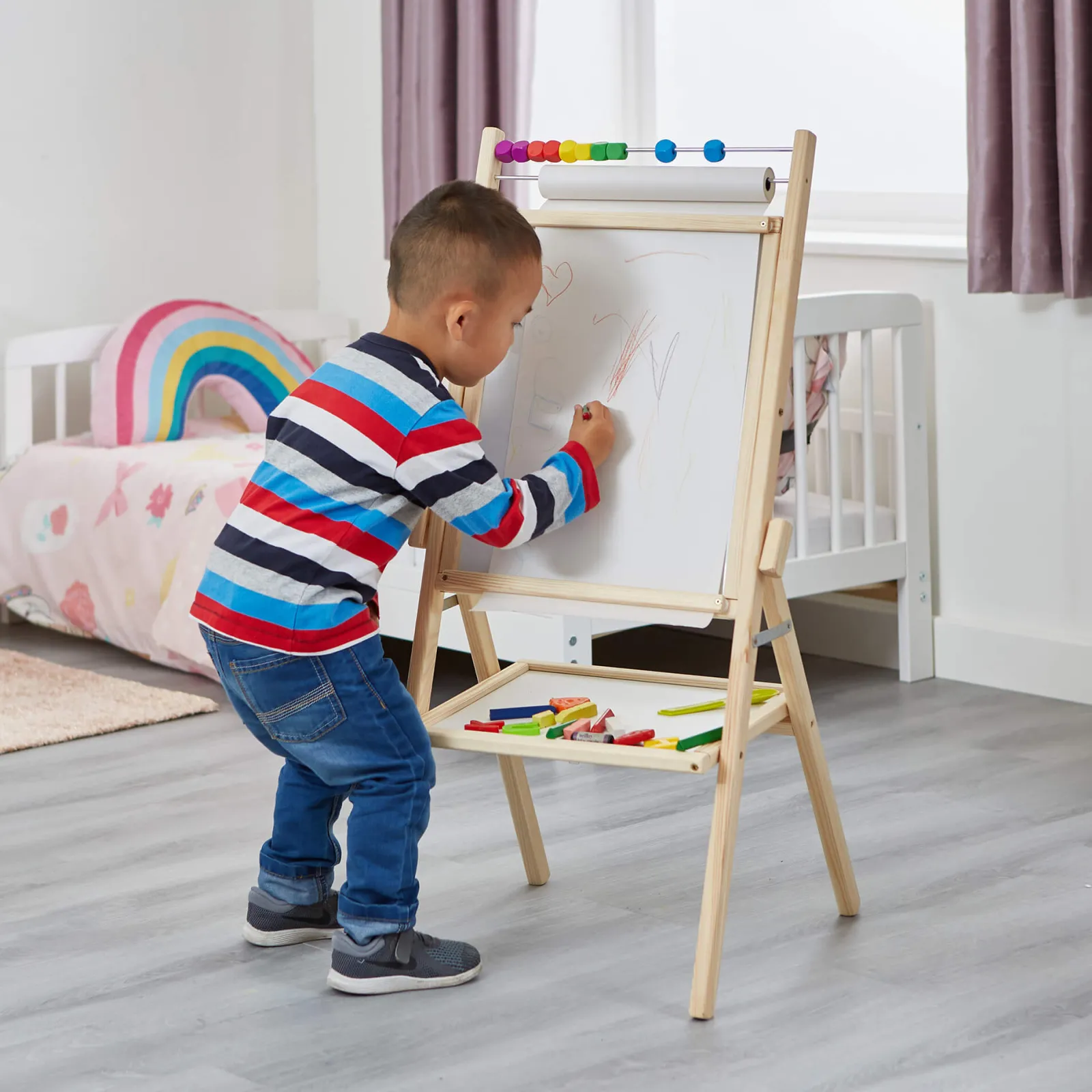 Little Helper Kids Arts & Crafts & Accessories | Easels & Accessories | Childrens Wooden 4-in-1 Double Sided Easel | Paper Roll | Counting Beads | 35pc Accessories | 3 Years+