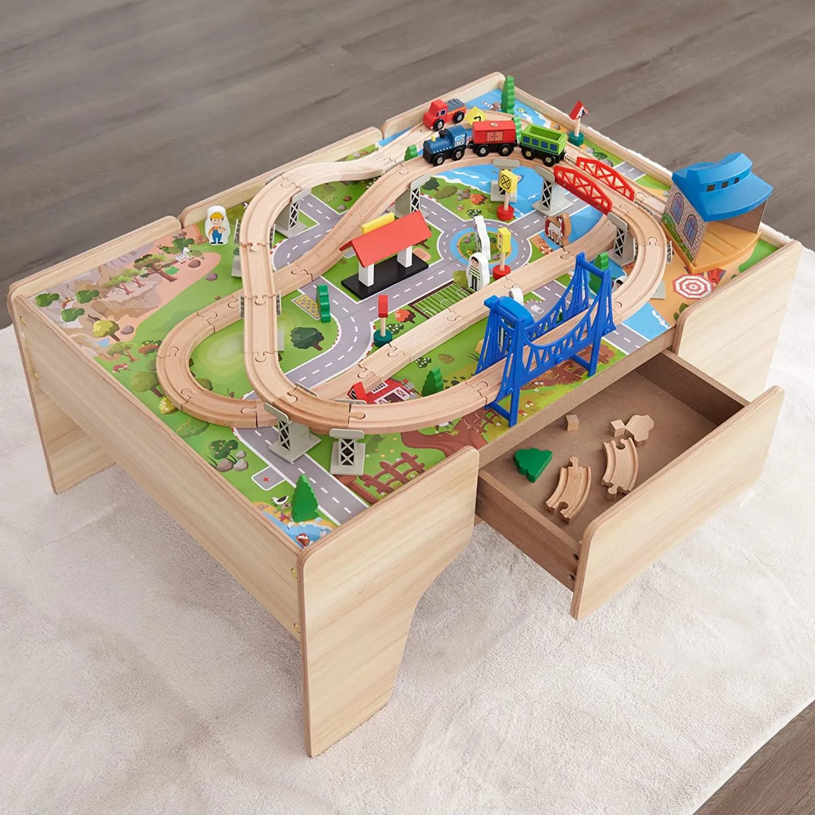 Little Helper Wooden Toys & Educational Toys | Role Play Toys & Pretend Play | Deluxe Large Montessori Eco Wooden Train Set | 2-in-1 Wooden Train Table | 80pc Train Set