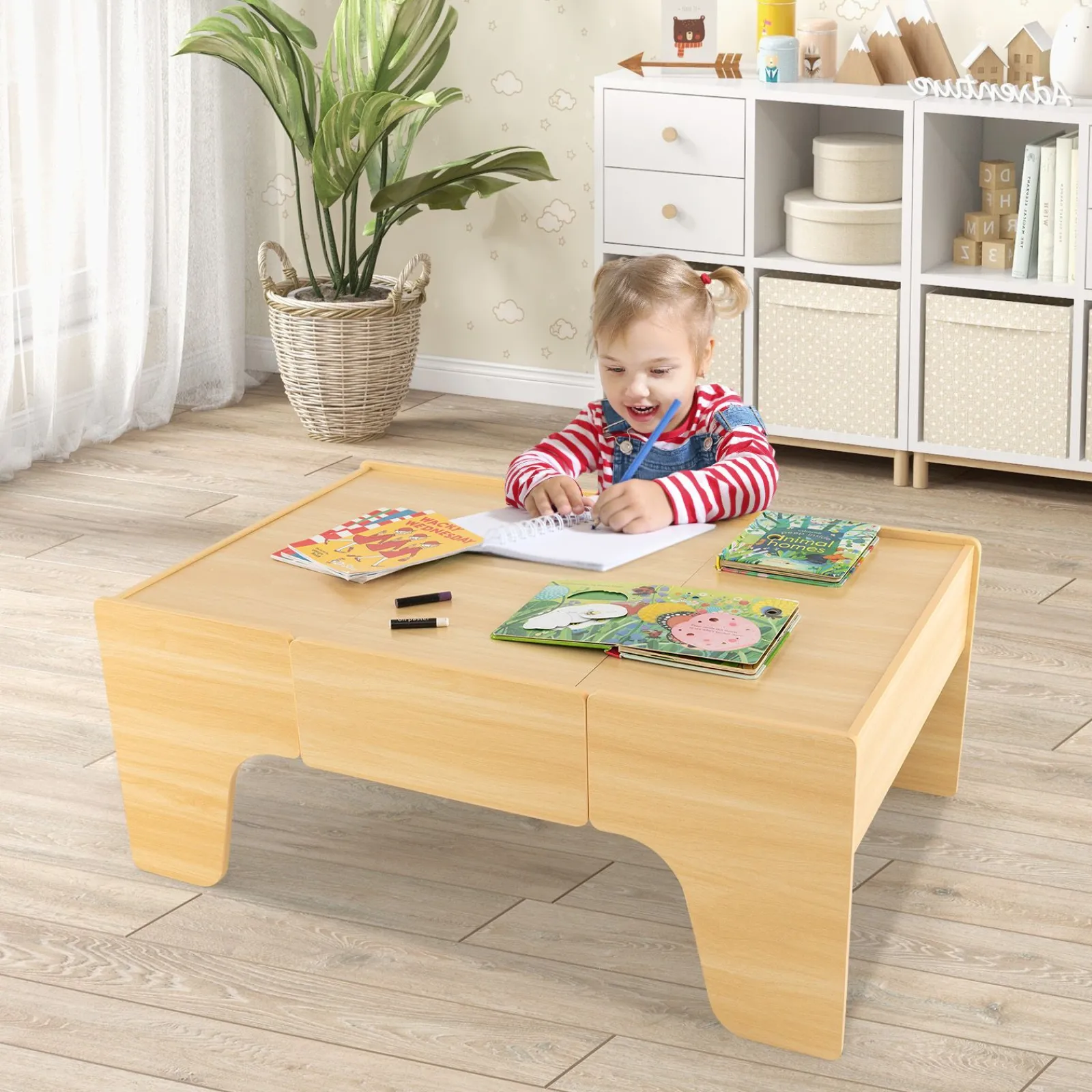 Little Helper Wooden Toys & Educational Toys | Role Play Toys & Pretend Play | Deluxe Large Montessori 2-in-1 Wooden Train Set & Table | 84pc Train Set