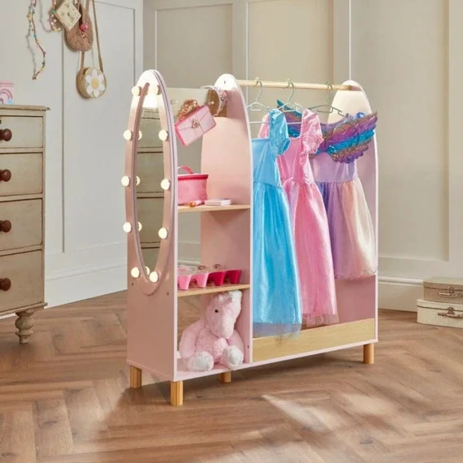 Little Helper Montessori Toys & Products | Clothes Rail & Dressing Up Rails | Deluxe Montessori Dress Up Rail | LED Light-up Mirror & Storage | 1.09m high | Princess Pink