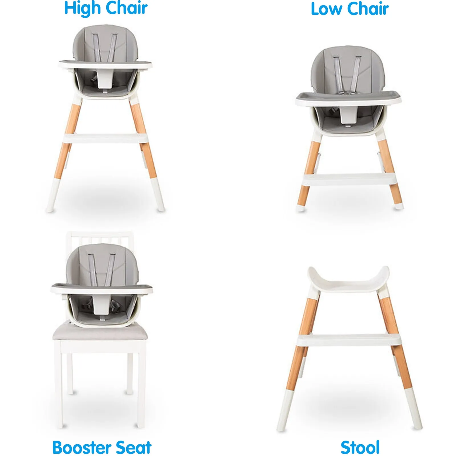 Little Helper High Chairs (wooden) | High Chairs (combination) | Deluxe Montessori 7-in-1 High Chair & Tray | Low Chair | Booster Seat | Stool | Grey Cushion | 6m+