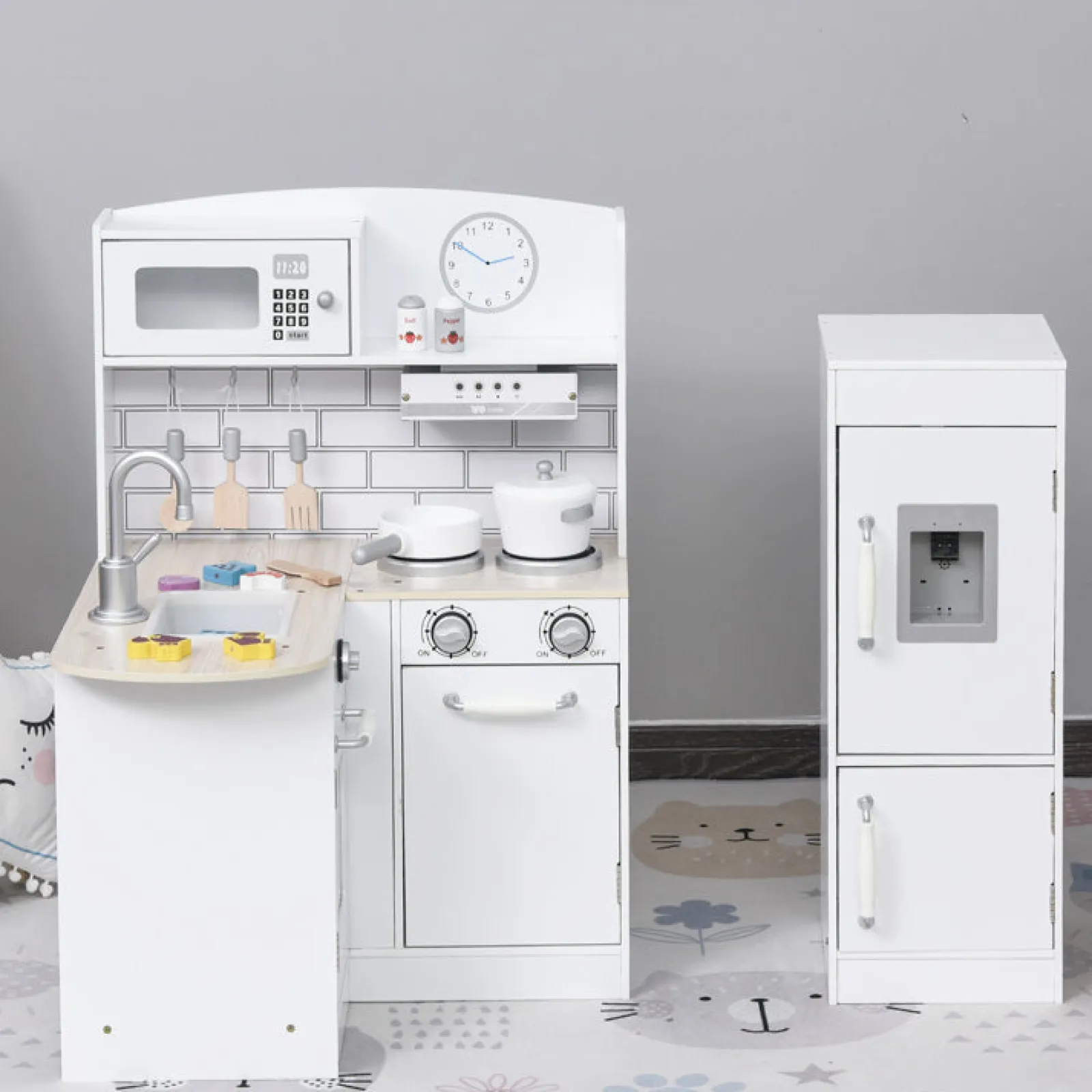 Little Helper Wooden Toys & Educational Toys | Toy Kitchens | Deluxe Montessori Wooden Toy Kitchen | Working Water Dispenser | Microwave | Clock | 14 Accessories