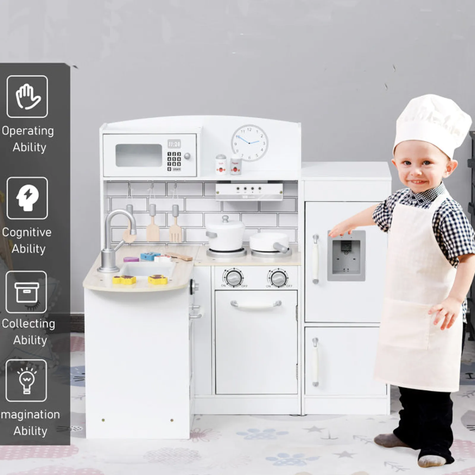 Little Helper Wooden Toys & Educational Toys | Toy Kitchens | Deluxe Montessori Wooden Toy Kitchen | Working Water Dispenser | Microwave | Clock | 14 Accessories