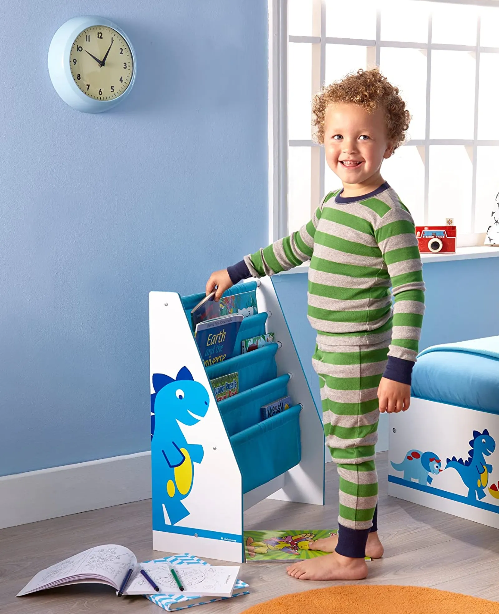 Little Helper Bookcases & Kids Bookshelves | Kids Bookcases & Kids Bookshelves | Diddi Dino Kids Bookcase | Sling Bookcase | Storage with Deep Canvas Pockets