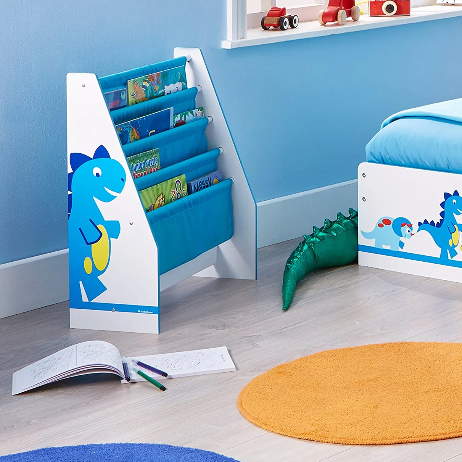 Little Helper Bookcases & Kids Bookshelves | Kids Bookcases & Kids Bookshelves | Diddi Dino Kids Bookcase | Sling Bookcase | Storage with Deep Canvas Pockets