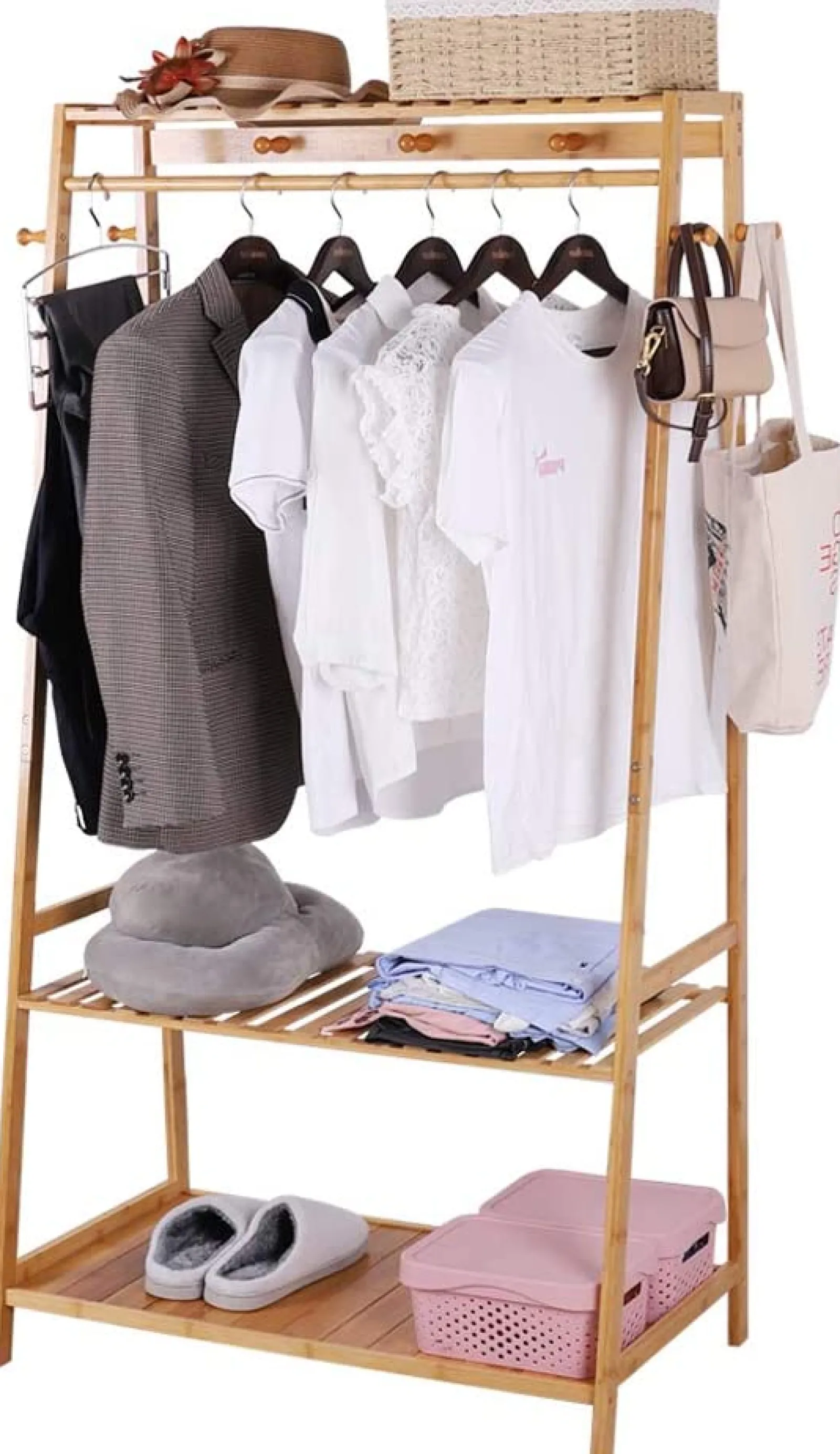 Little Helper Role Play Toys & Pretend Play | Montessori Toys & Products | Eco 100% Bamboo Wood | Freestanding Clothes Rack with 3 Shelves & 10 Hooks | Natural | 1.65m High
