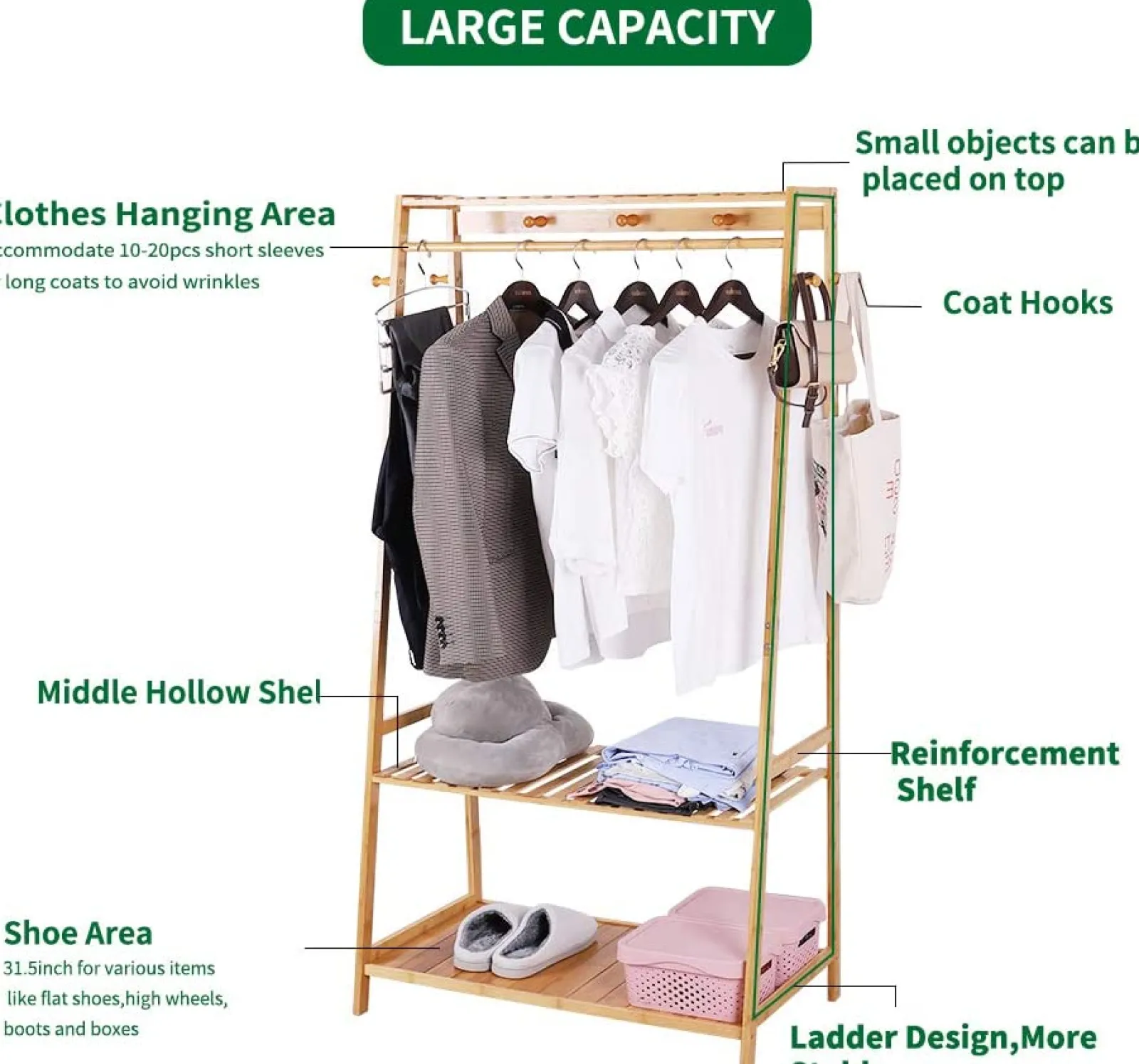 Little Helper Role Play Toys & Pretend Play | Montessori Toys & Products | Eco 100% Bamboo Wood | Freestanding Clothes Rack with 3 Shelves & 10 Hooks | Natural | 1.65m High