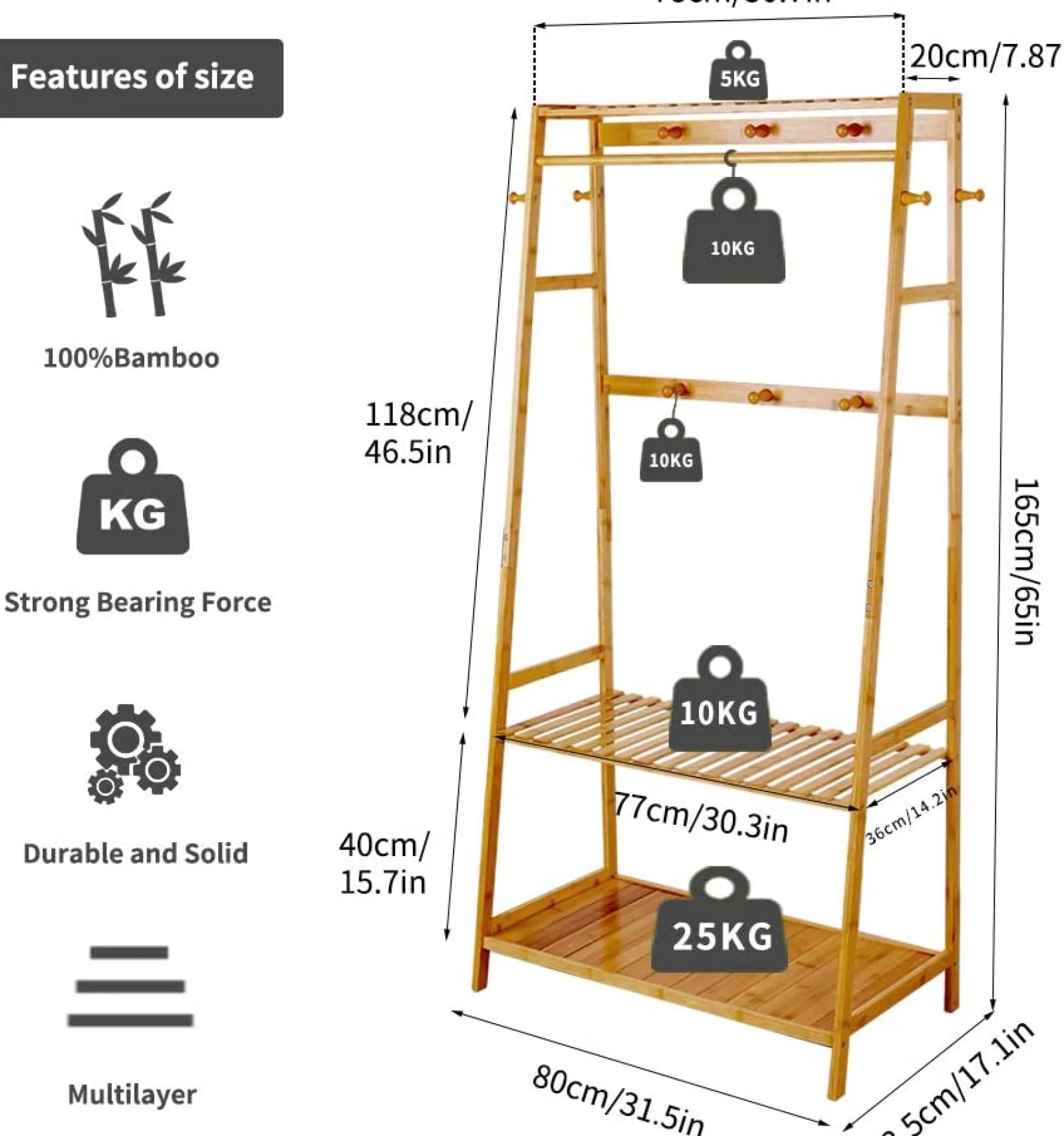 Little Helper Role Play Toys & Pretend Play | Montessori Toys & Products | Eco 100% Bamboo Wood | Freestanding Clothes Rack with 3 Shelves & 10 Hooks | Natural | 1.65m High