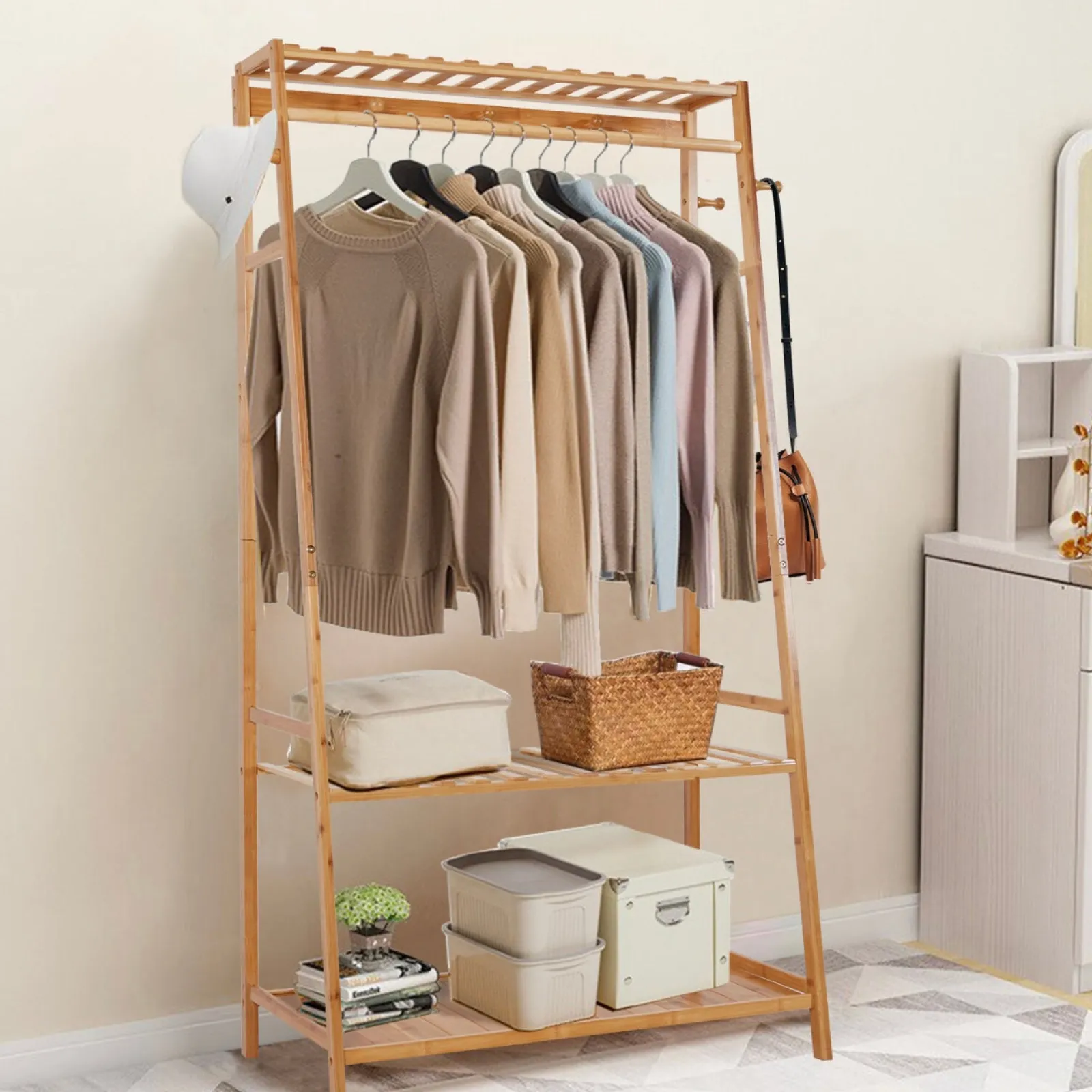 Little Helper Role Play Toys & Pretend Play | Montessori Toys & Products | Eco 100% Bamboo Wood | Freestanding Clothes Rack with 3 Shelves & 10 Hooks | Natural | 1.65m High