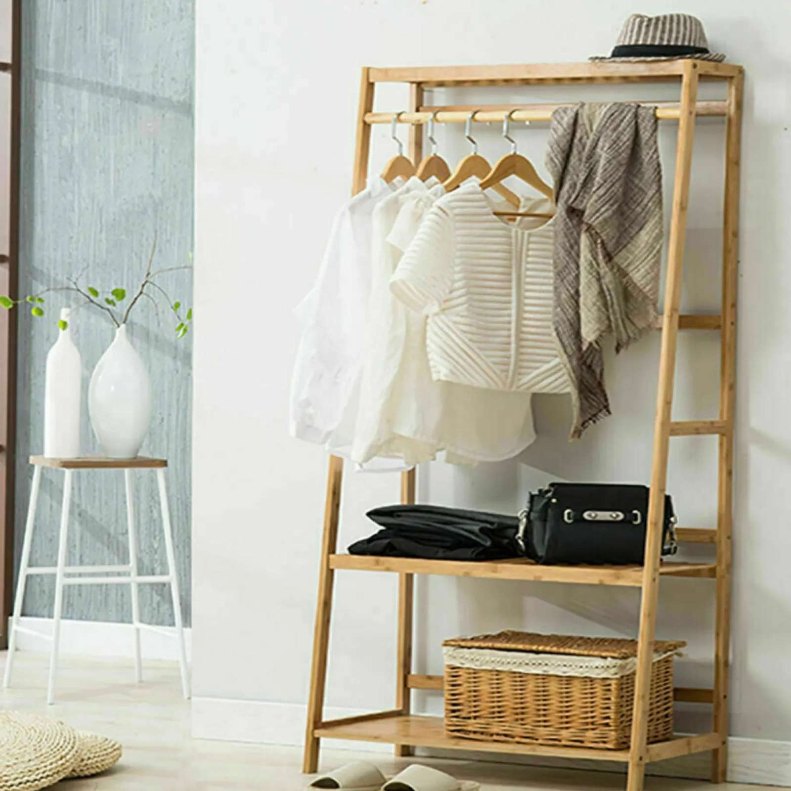 Little Helper Role Play Toys & Pretend Play | Montessori Toys & Products | Eco 100% Bamboo Wood | Freestanding Clothes Rack with 3 Shelves & 10 Hooks | Natural | 1.65m High