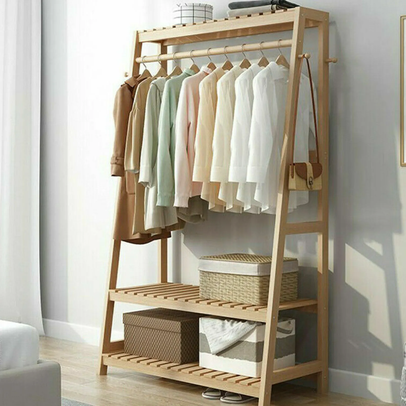 Little Helper Role Play Toys & Pretend Play | Montessori Toys & Products | Eco 100% Bamboo Wood | Freestanding Clothes Rack with 3 Shelves & Side Hooks | Natural | 1.64m High