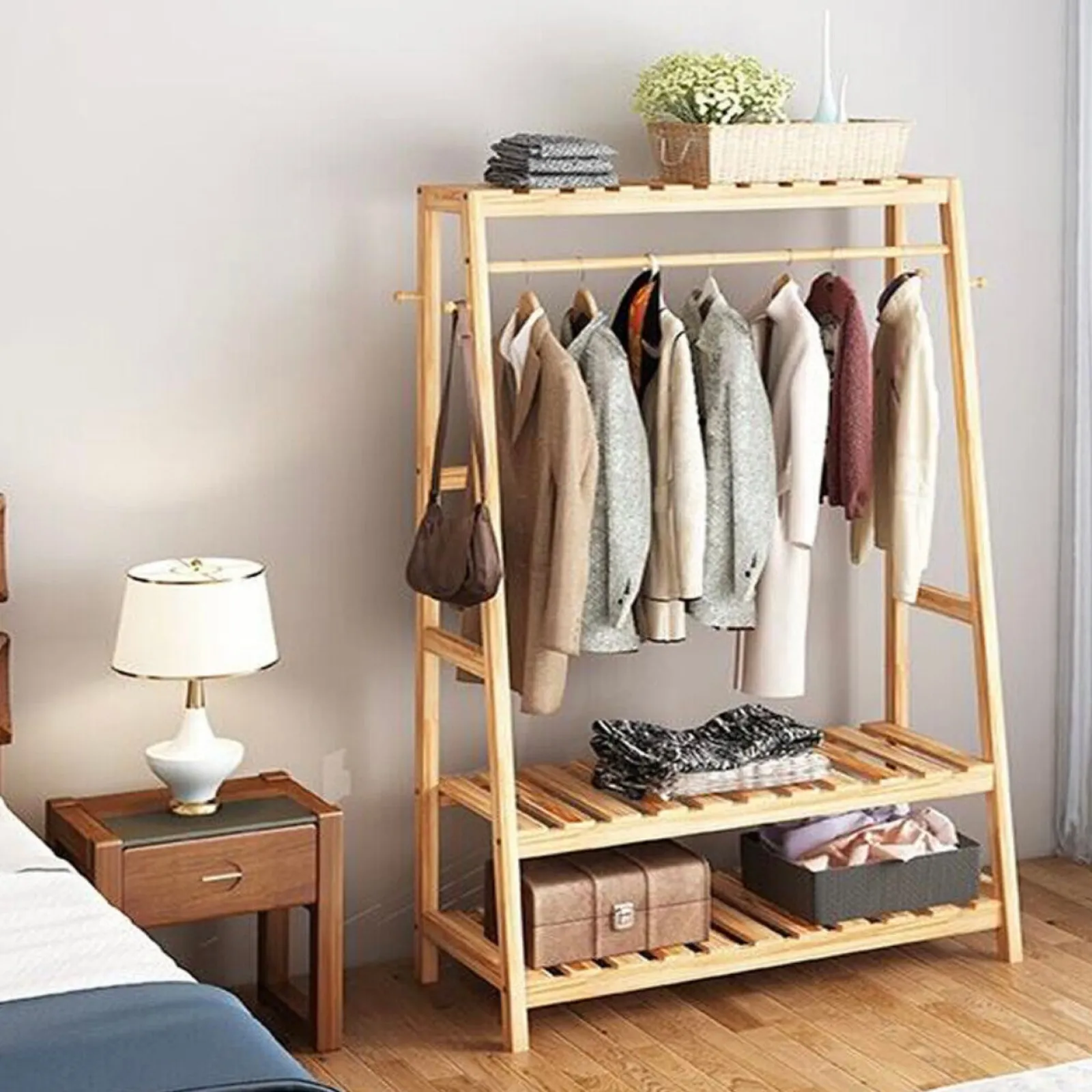 Little Helper Role Play Toys & Pretend Play | Montessori Toys & Products | Eco 100% Bamboo Wood | Freestanding Clothes Rack with 3 Shelves & Side Hooks | Natural | 1.64m High