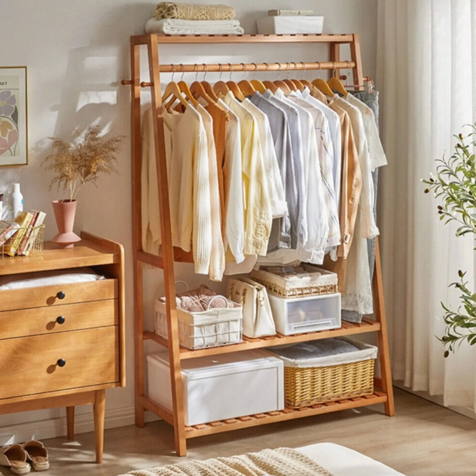 Little Helper Role Play Toys & Pretend Play | Montessori Toys & Products | Eco 100% Bamboo Wood | Freestanding Clothes Rack with 3 Shelves & Side Hooks | Natural | 1.64m High