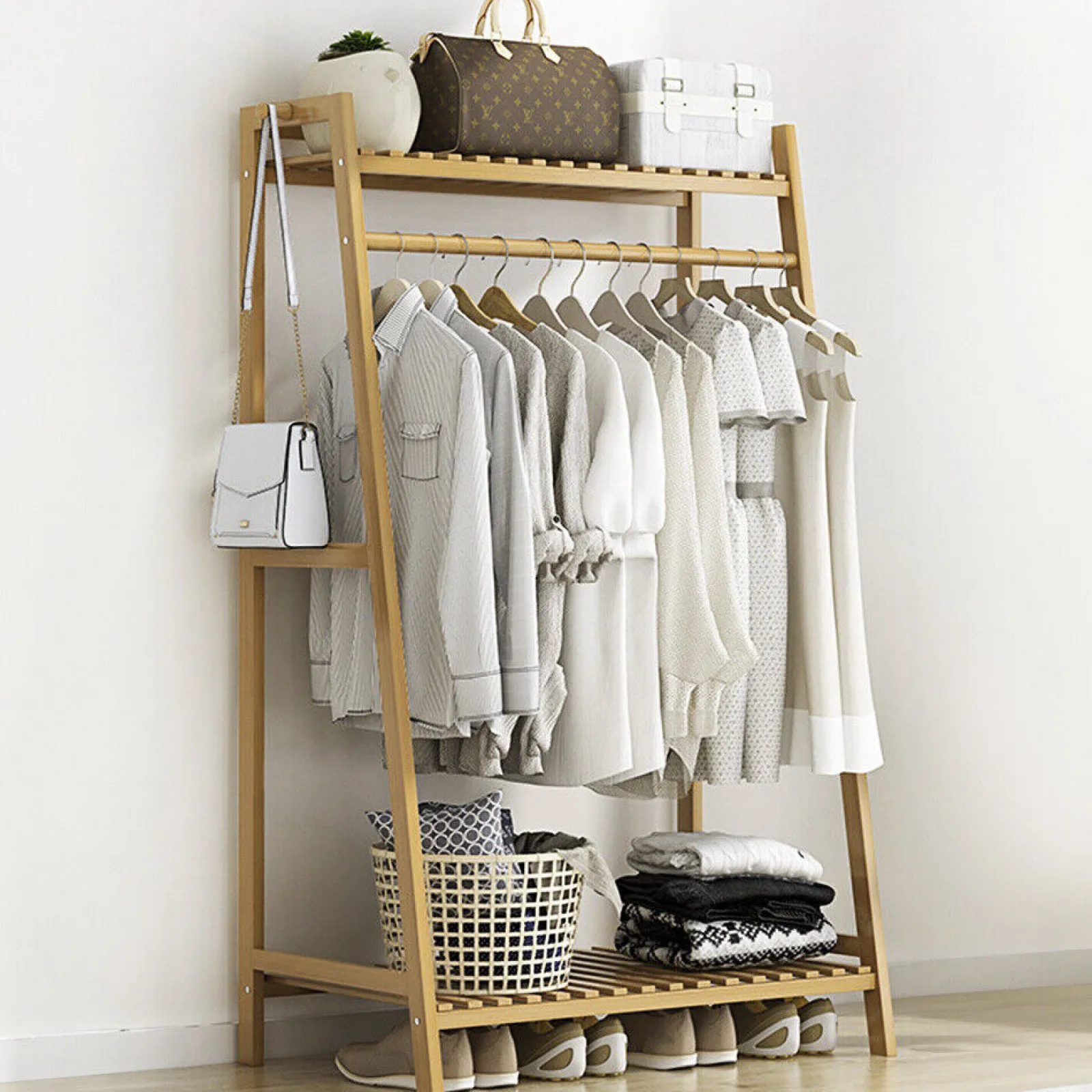 Little Helper Role Play Toys & Pretend Play | Montessori Toys & Products | Eco 100% Bamboo Wood | Freestanding Clothes Rack | Shoe Storage Shelf & Side Hooks | Natural | 1.4m High