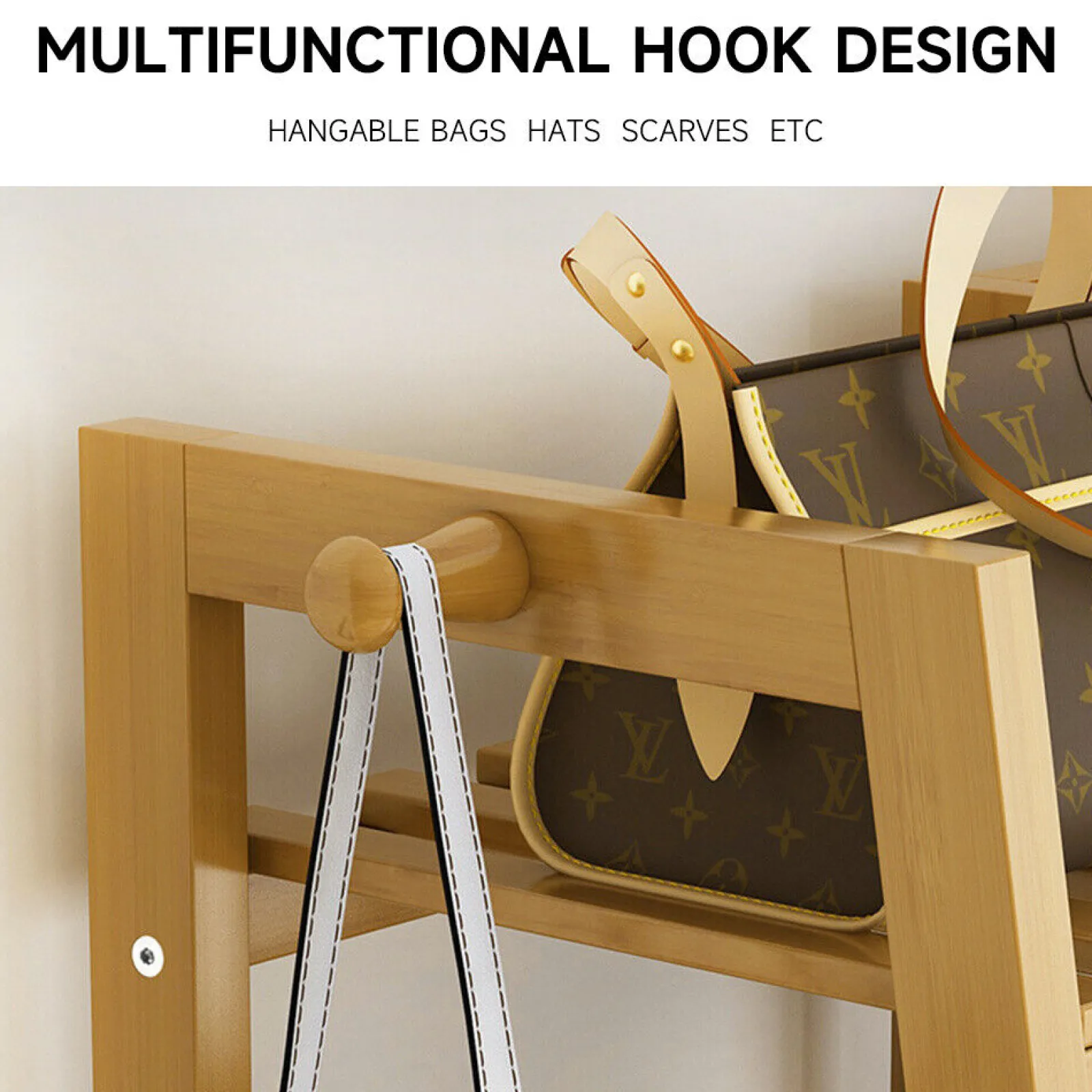 Little Helper Role Play Toys & Pretend Play | Montessori Toys & Products | Eco 100% Bamboo Wood | Freestanding Clothes Rack | Shoe Storage Shelf & Side Hooks | Natural | 1.4m High