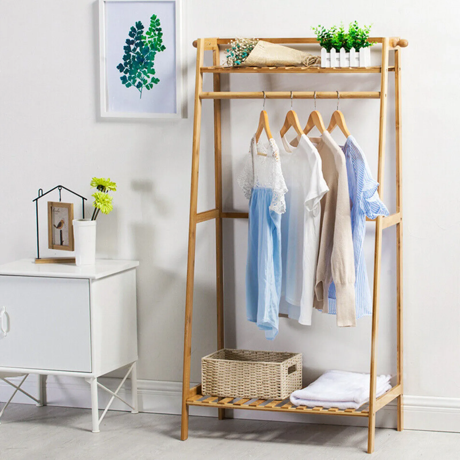 Little Helper Role Play Toys & Pretend Play | Montessori Toys & Products | Eco 100% Bamboo Wood | Freestanding Clothes Rack | Shoe Storage Shelf & Side Hooks | Natural | 1.4m High