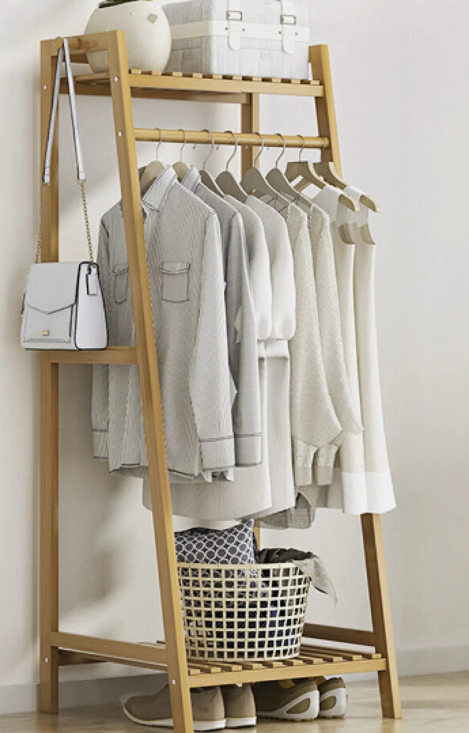 Little Helper Role Play Toys & Pretend Play | Montessori Toys & Products | Eco 100% Bamboo Wood | Freestanding Clothes Rack | Shoe Storage Shelf & Side Hooks | Natural | 1.4m High
