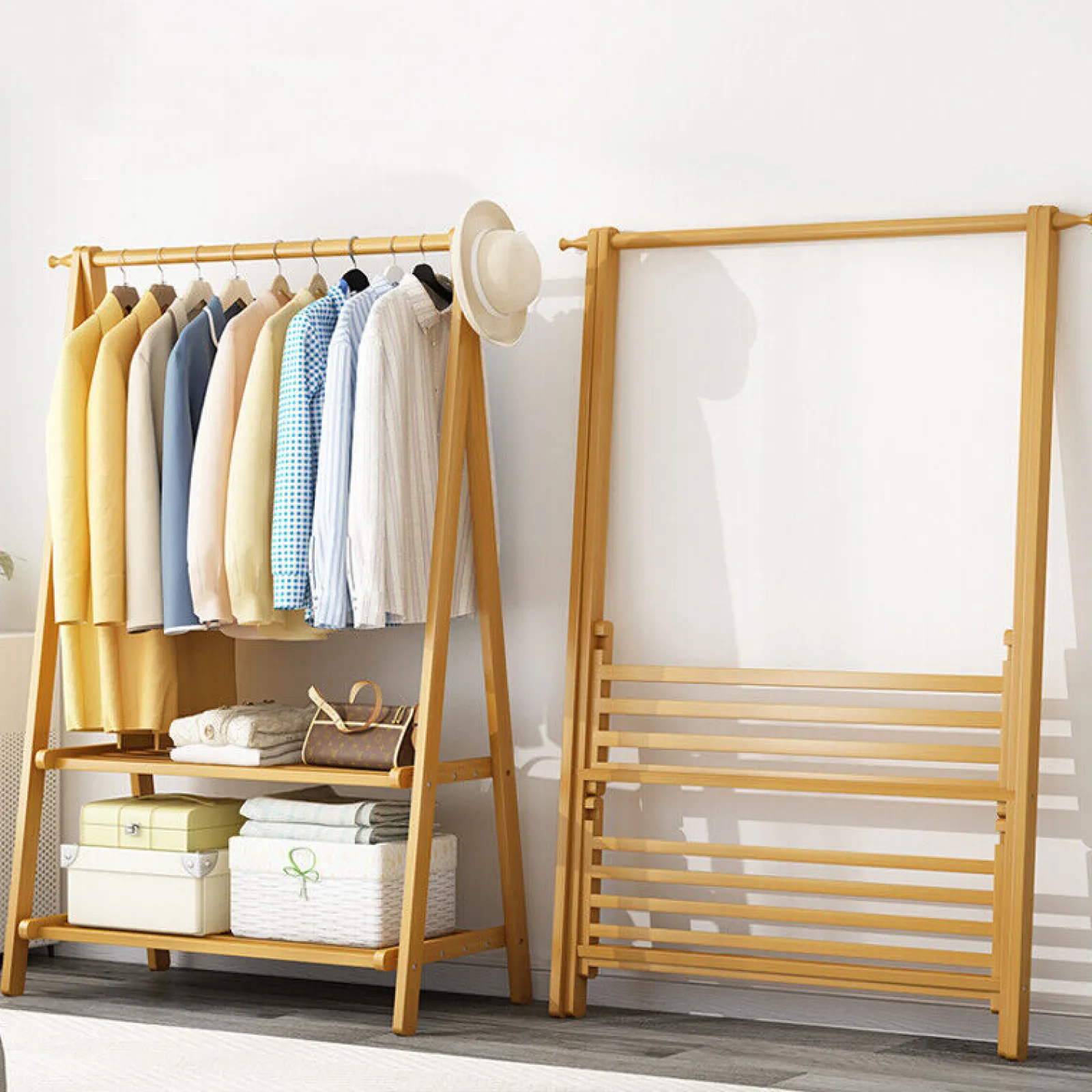 Little Helper Role Play Toys & Pretend Play | Montessori Toys & Products | Folding Eco 100% Bamboo Wood | Freestanding Clothes Rack with 2 Shelves & Side Hooks | Natural | 1.6m High