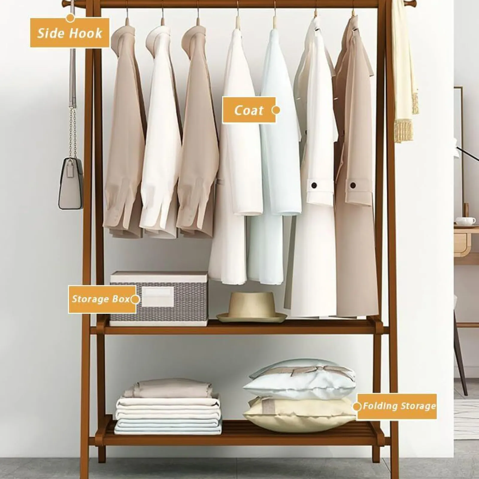Little Helper Role Play Toys & Pretend Play | Montessori Toys & Products | Folding Eco 100% Bamboo Wood | Freestanding Clothes Rack with 2 Shelves & Side Hooks | Natural | 1.6m High