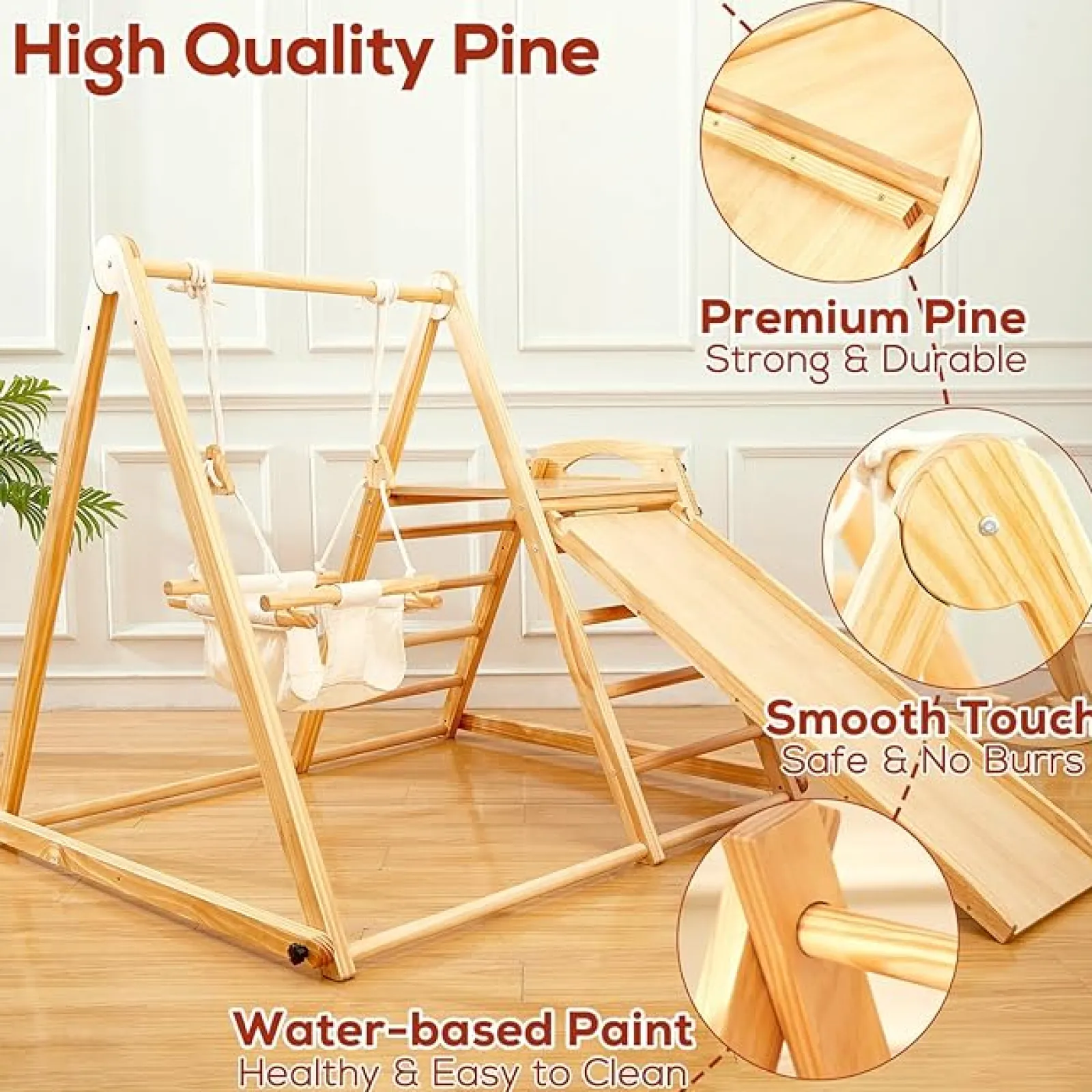Little Helper Swing & Slide Sets & Garden Play & Trampolines | Kids Climbing Frames & Activity Toys | Folding Pikler 4-in-1 Indoor Eco Pine Wood Toddler Jungle Gym | Spine Supporting Swing | 6 months - 5 Years