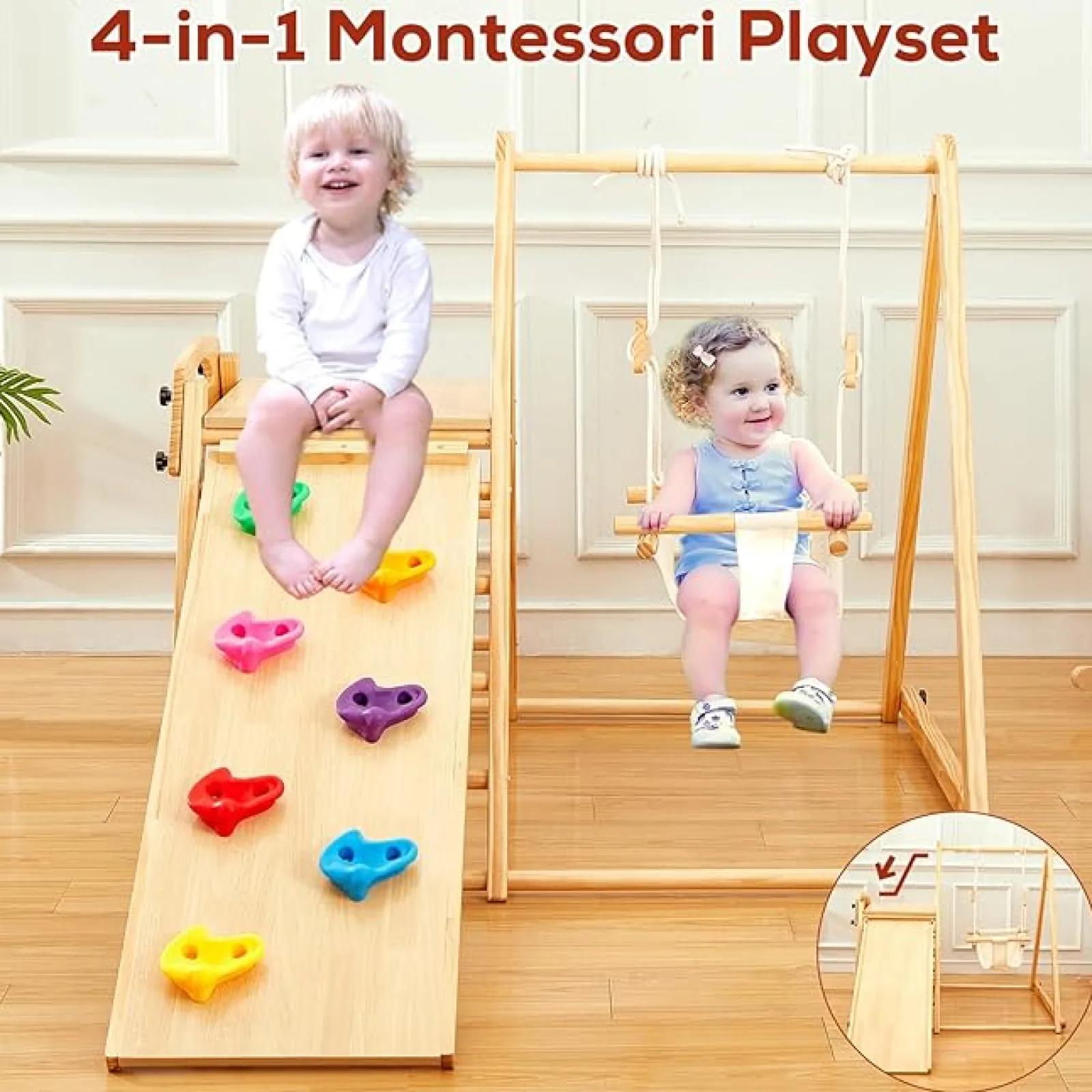 Little Helper Swing & Slide Sets & Garden Play & Trampolines | Kids Climbing Frames & Activity Toys | Folding Pikler 4-in-1 Indoor Eco Pine Wood Toddler Jungle Gym | Spine Supporting Swing | 6 months - 5 Years