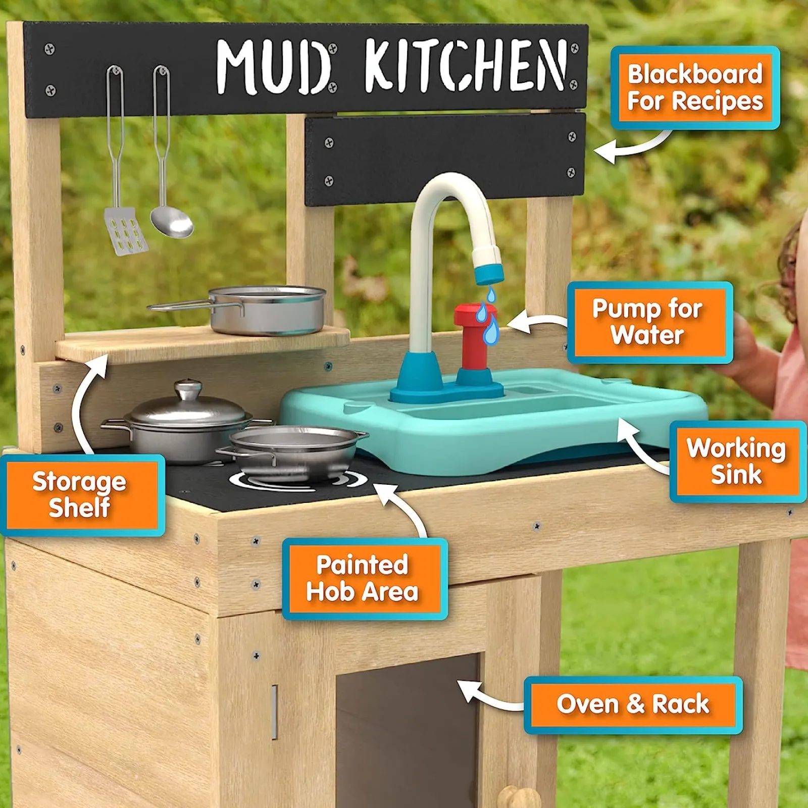 Little Helper Sand & Water Table & Sandpits & Mud Kitchens | Toy Kitchens | FSC Montessori Eco Wood Kids Mud Kitchen | Wooden Toy Kitchen | Working Tap & Sink | 3 Years+