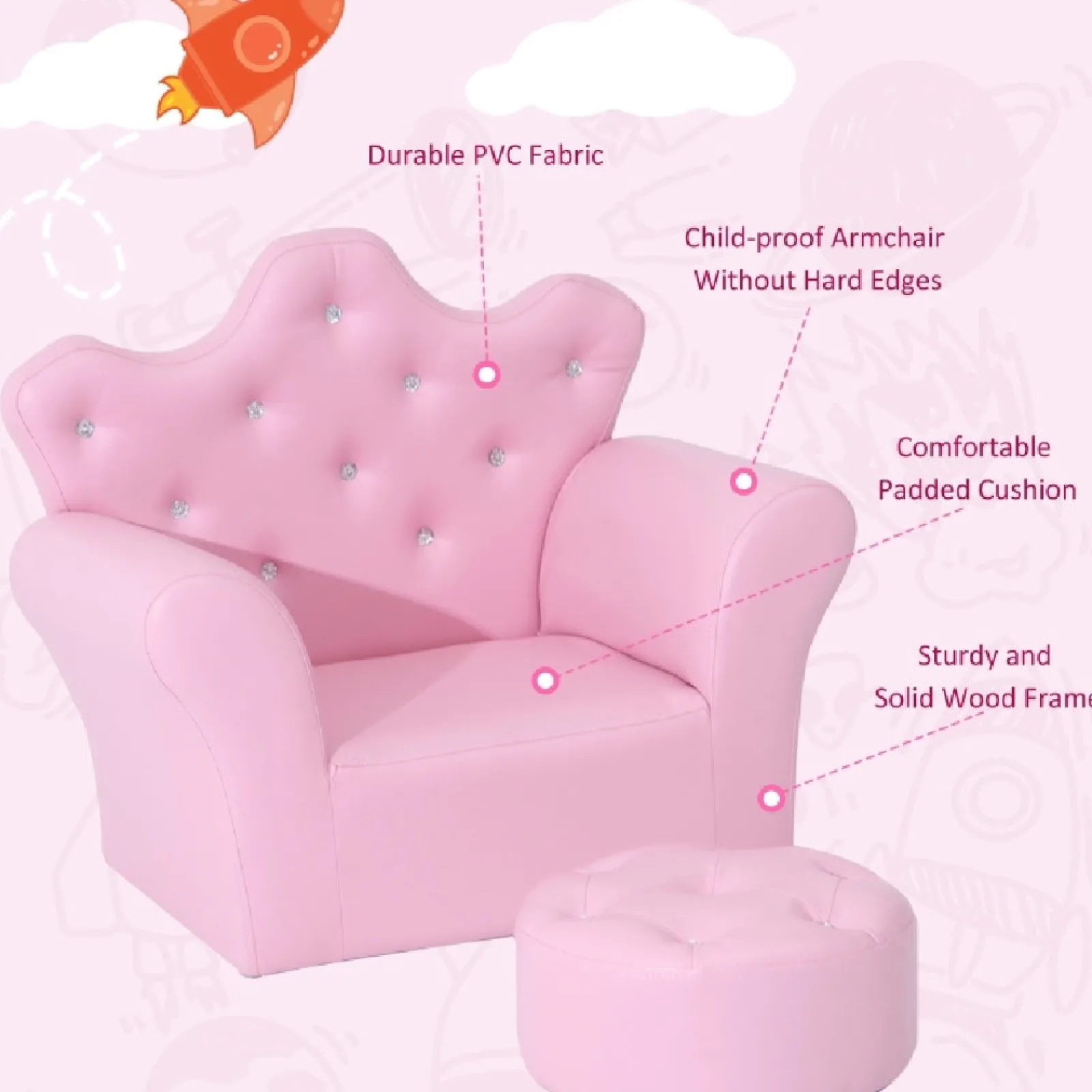 Little Helper Chairs & Stools | Her Royal Highness Childrens 2-Piece Chair with Footstool Set | Pink | 3-7 Years