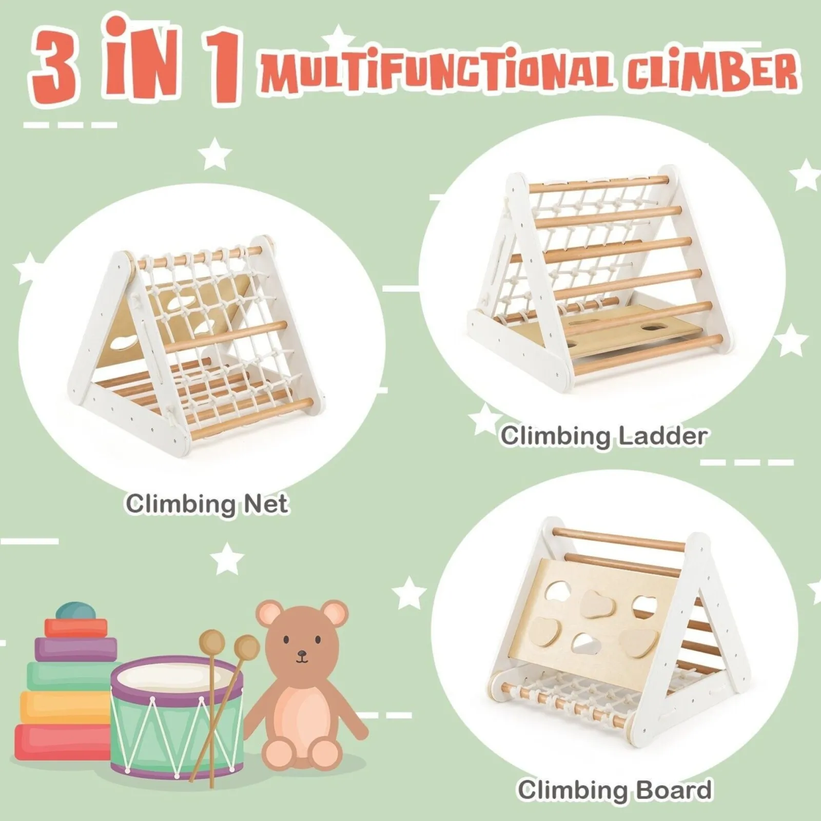 Little Helper Swing & Slide Sets & Garden Play & Trampolines | Kids Climbing Frames & Activity Toys | 4-in-1 Children's Eco Birch Wood Climbing Frame | Montessori Pikler Triangle, Slide & Climber | Natural Wood & White