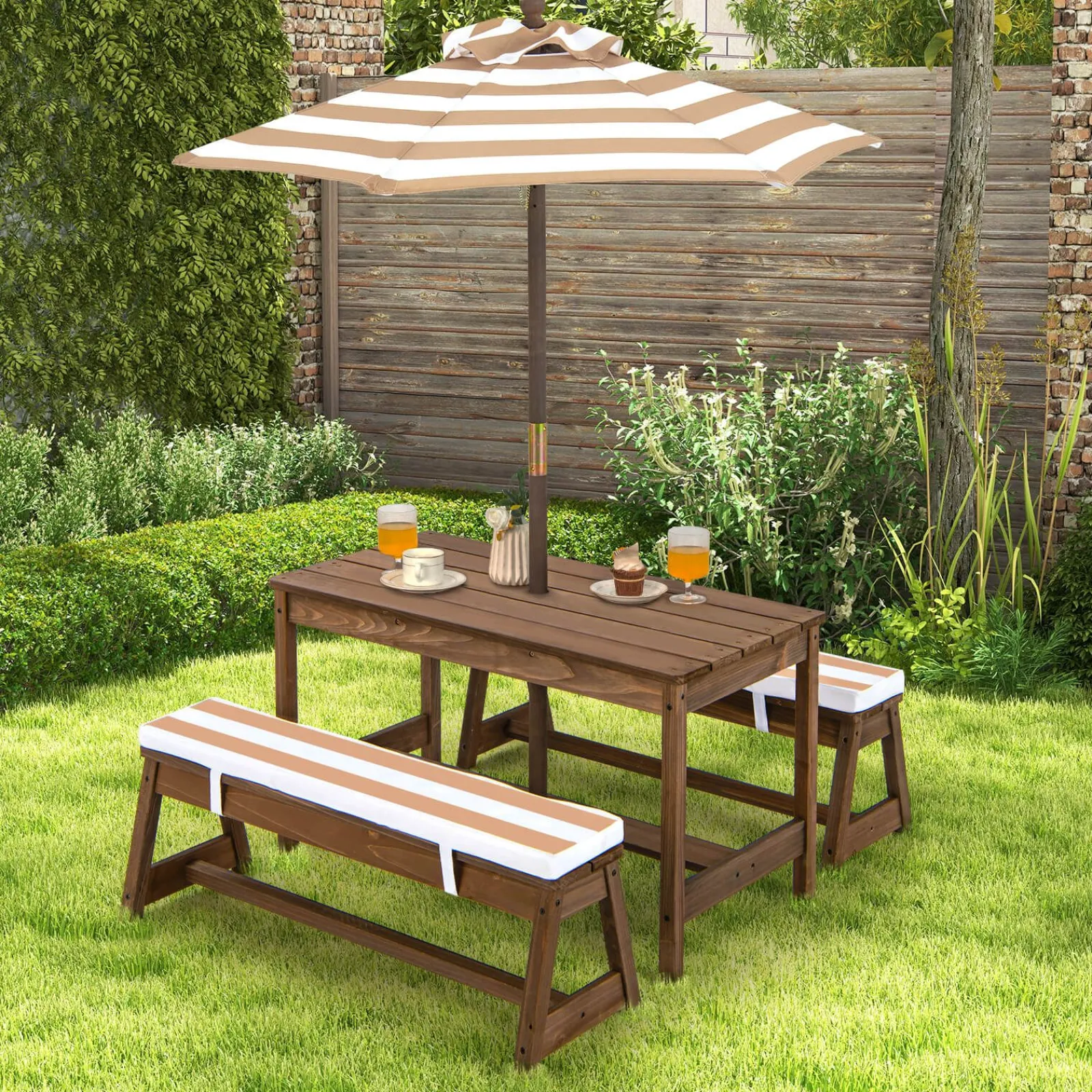 Little Helper Swing & Slide Sets & Garden Play & Trampolines | Sand & Water Table & Sandpits & Mud Kitchens | 2-in-1 Children’s Picnic Bench | Removable Cushions & Umbrella | Indoor and Outdoor Use