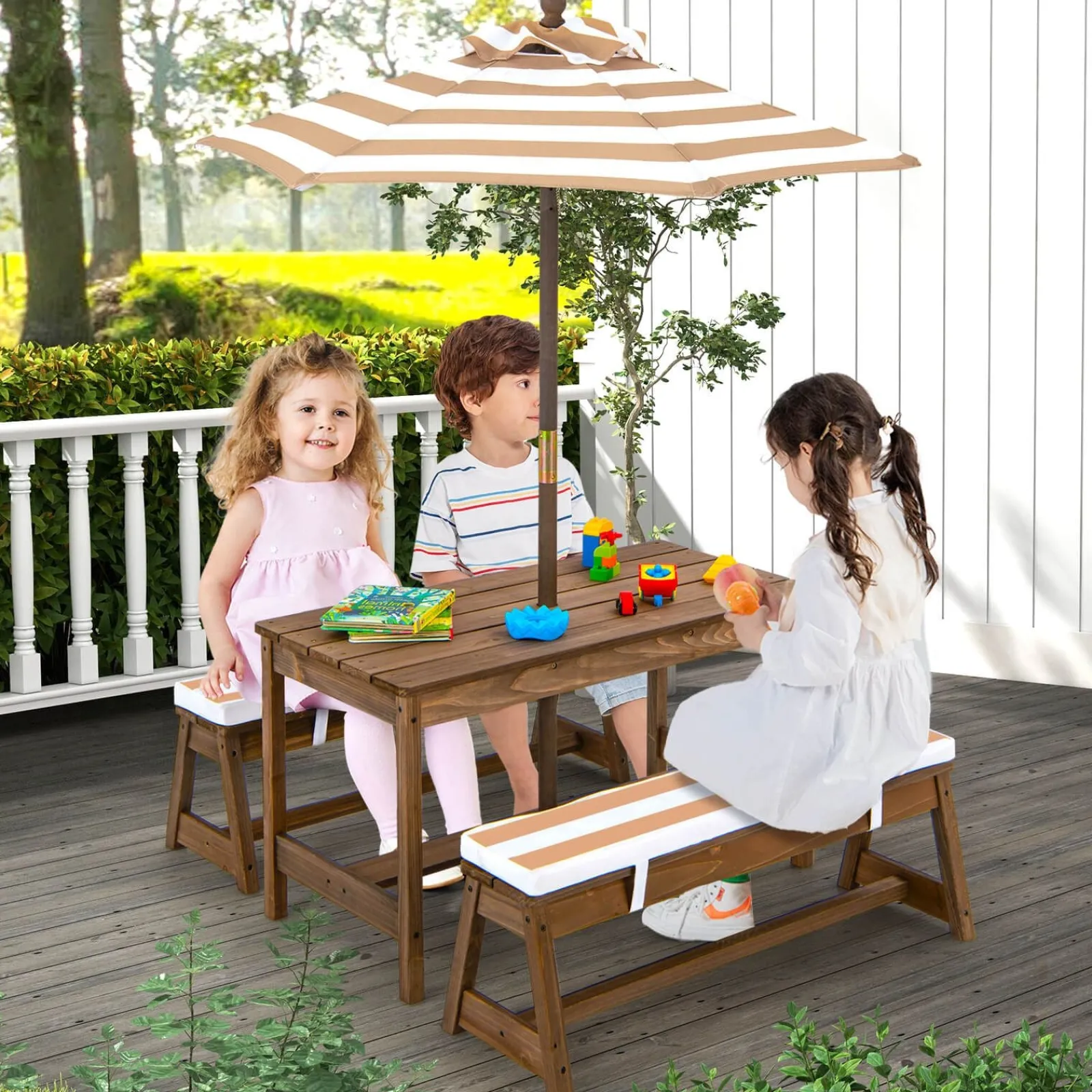 Little Helper Swing & Slide Sets & Garden Play & Trampolines | Sand & Water Table & Sandpits & Mud Kitchens | 2-in-1 Children’s Picnic Bench | Removable Cushions & Umbrella | Indoor and Outdoor Use