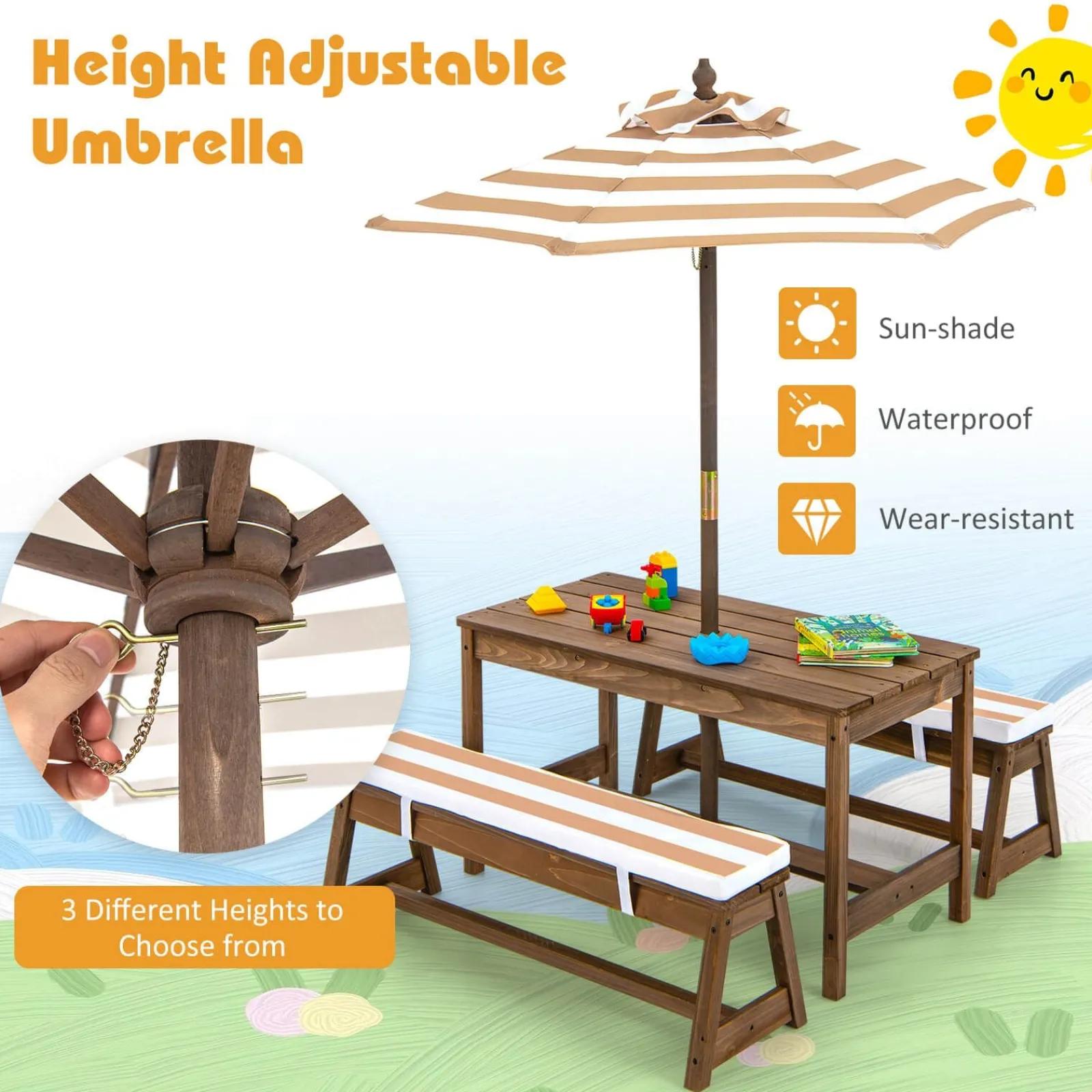Little Helper Swing & Slide Sets & Garden Play & Trampolines | Sand & Water Table & Sandpits & Mud Kitchens | 2-in-1 Children’s Picnic Bench | Removable Cushions & Umbrella | Indoor and Outdoor Use