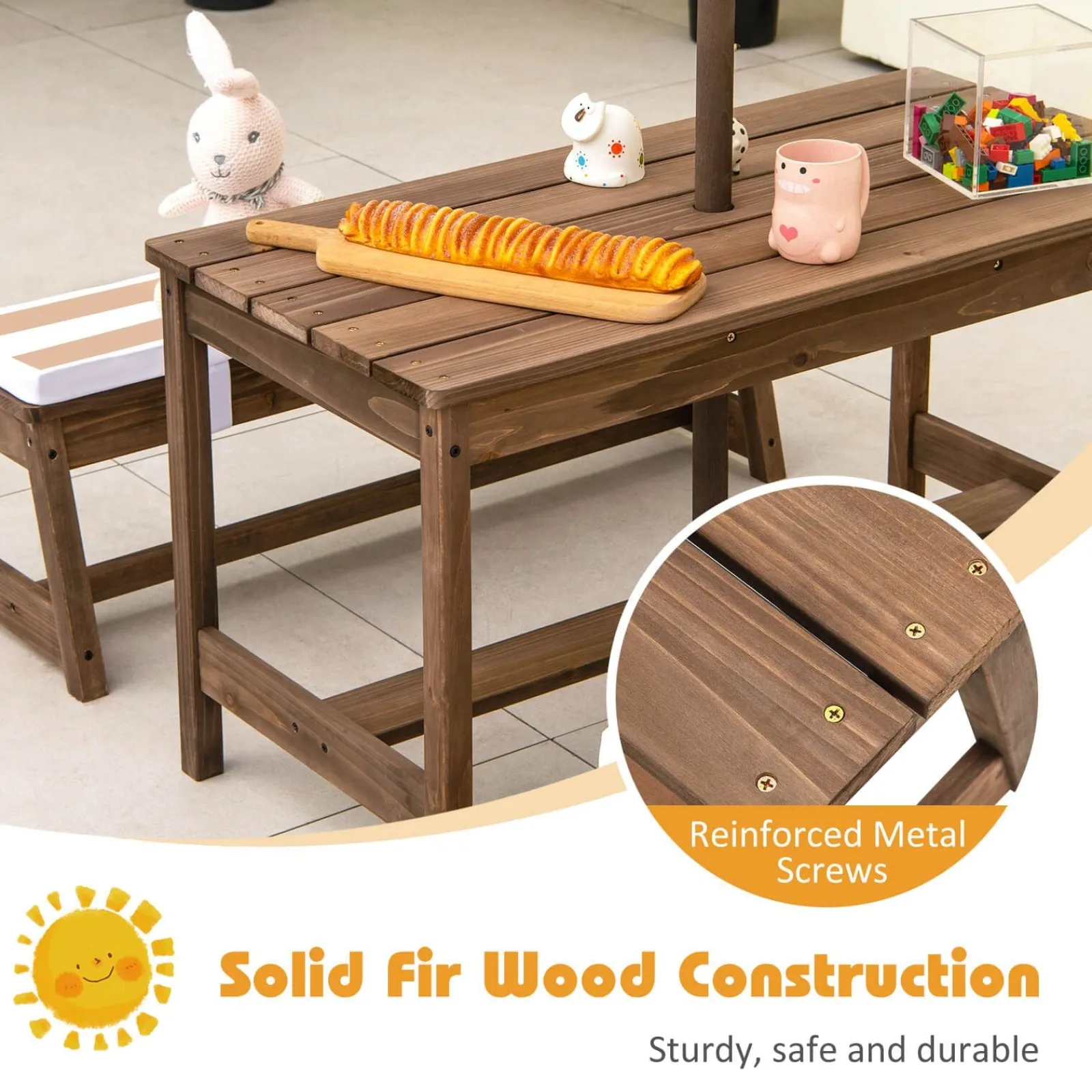 Little Helper Swing & Slide Sets & Garden Play & Trampolines | Sand & Water Table & Sandpits & Mud Kitchens | 2-in-1 Children’s Picnic Bench | Removable Cushions & Umbrella | Indoor and Outdoor Use