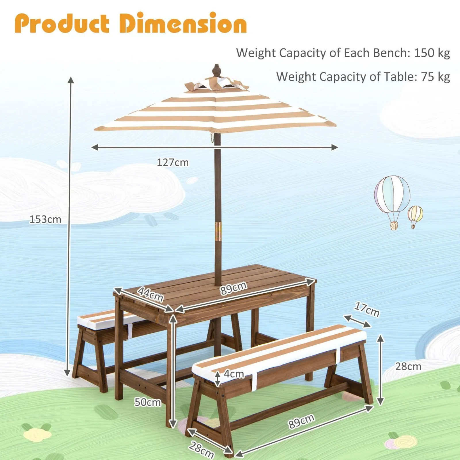 Little Helper Swing & Slide Sets & Garden Play & Trampolines | Sand & Water Table & Sandpits & Mud Kitchens | 2-in-1 Children’s Picnic Bench | Removable Cushions & Umbrella | Indoor and Outdoor Use