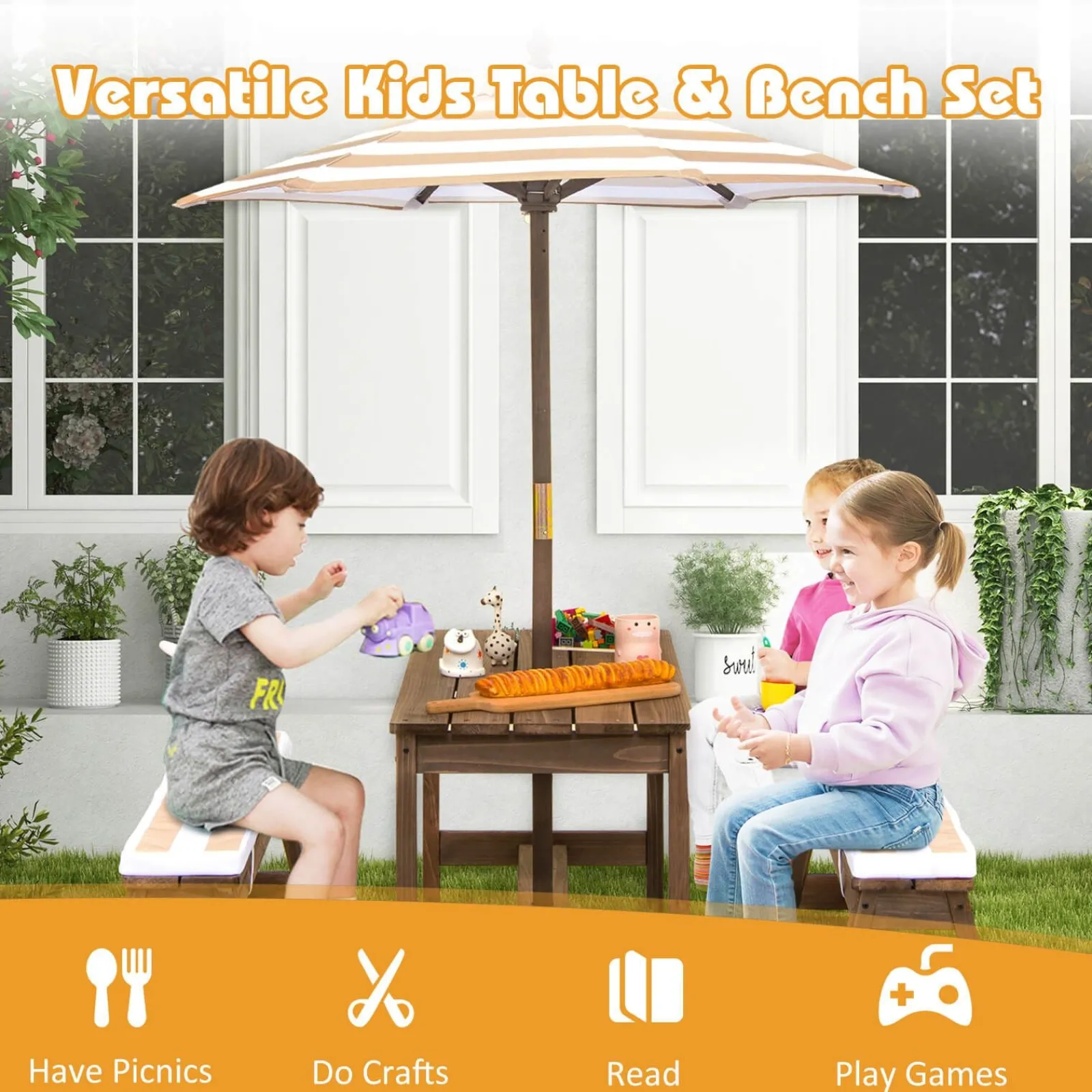 Little Helper Swing & Slide Sets & Garden Play & Trampolines | Sand & Water Table & Sandpits & Mud Kitchens | 2-in-1 Children’s Picnic Bench | Removable Cushions & Umbrella | Indoor and Outdoor Use