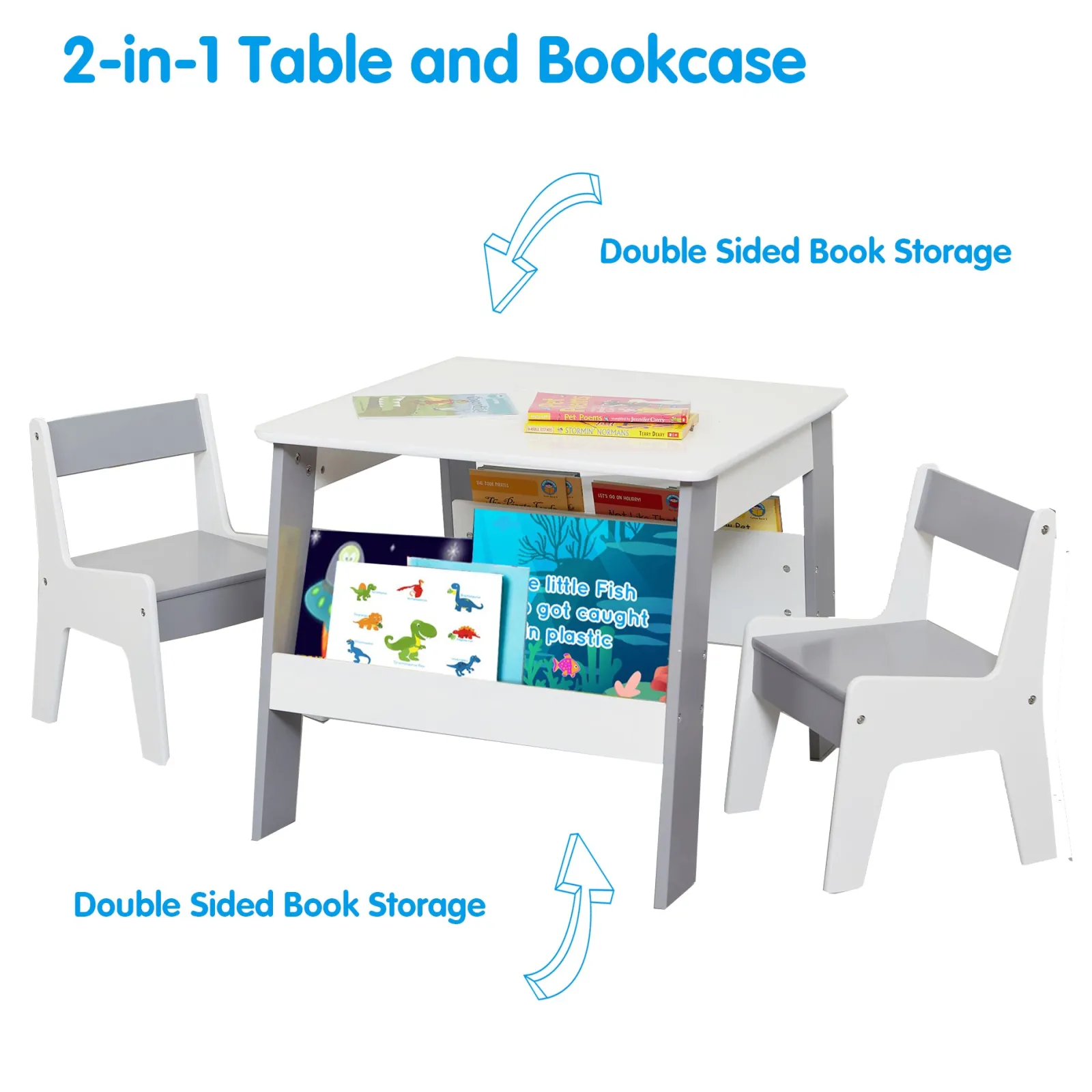 Little Helper Table & Chairs (wooden) | 2-in-1 Childrens Table and 2 Chairs Set | Bookshelf & Storage | White and Grey